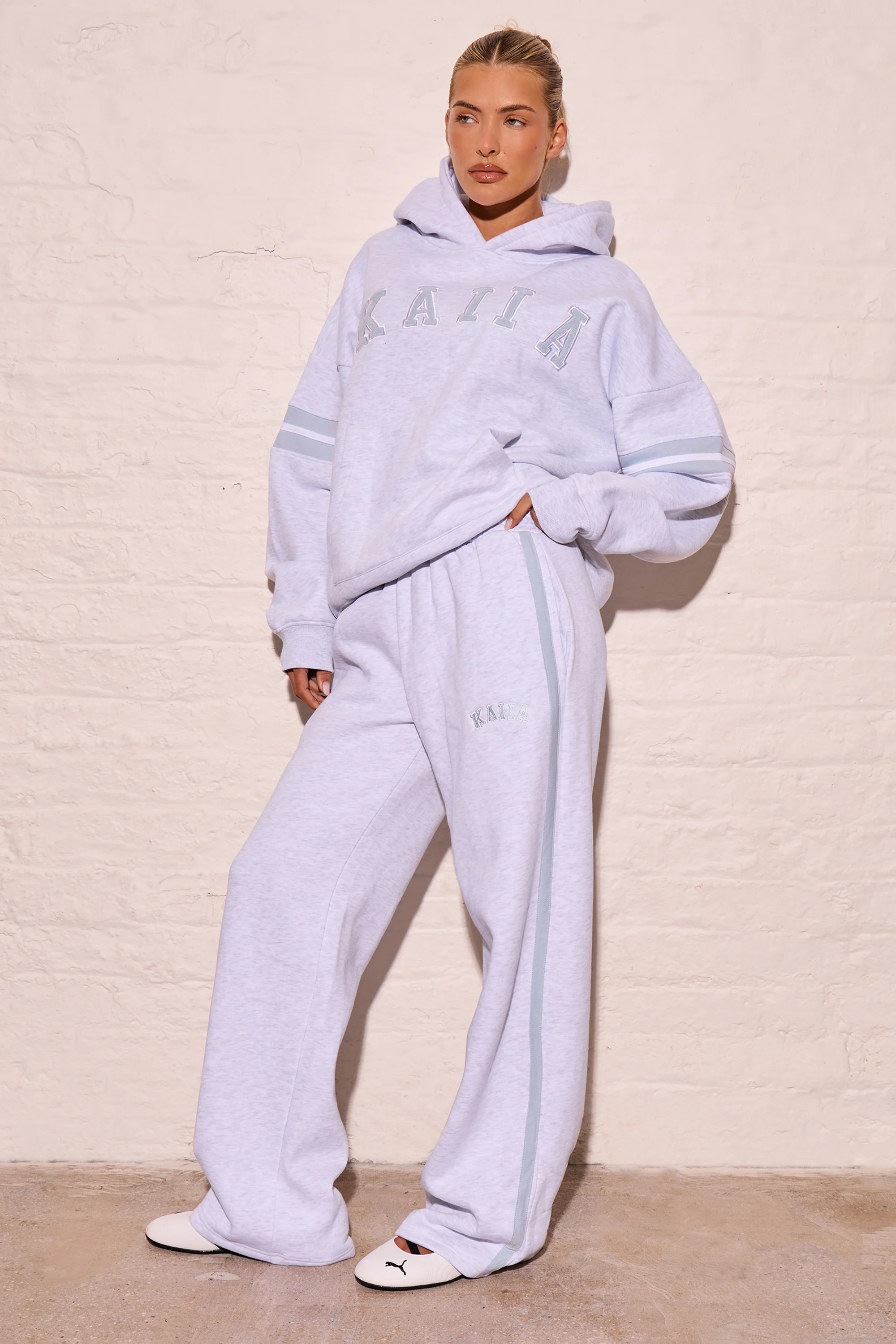Kaiia Side Stripe Wide Leg Joggers Light Grey Marl & Dusty Blue