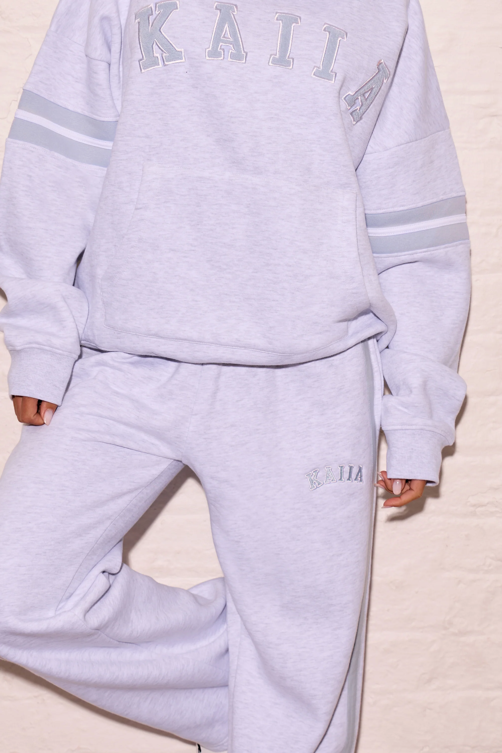 Kaiia Side Stripe Wide Leg Joggers Light Grey Marl & Dusty Blue - Image 2