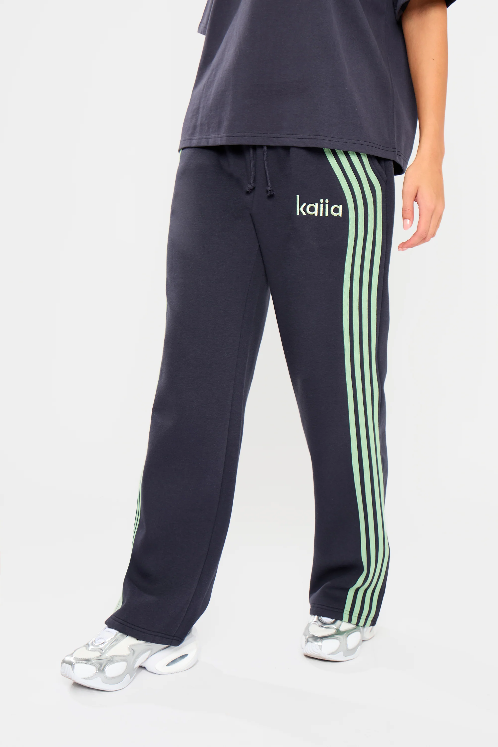 Kaiia Side Stripe Wide Leg Joggers Navy & Jade Green - Image 3