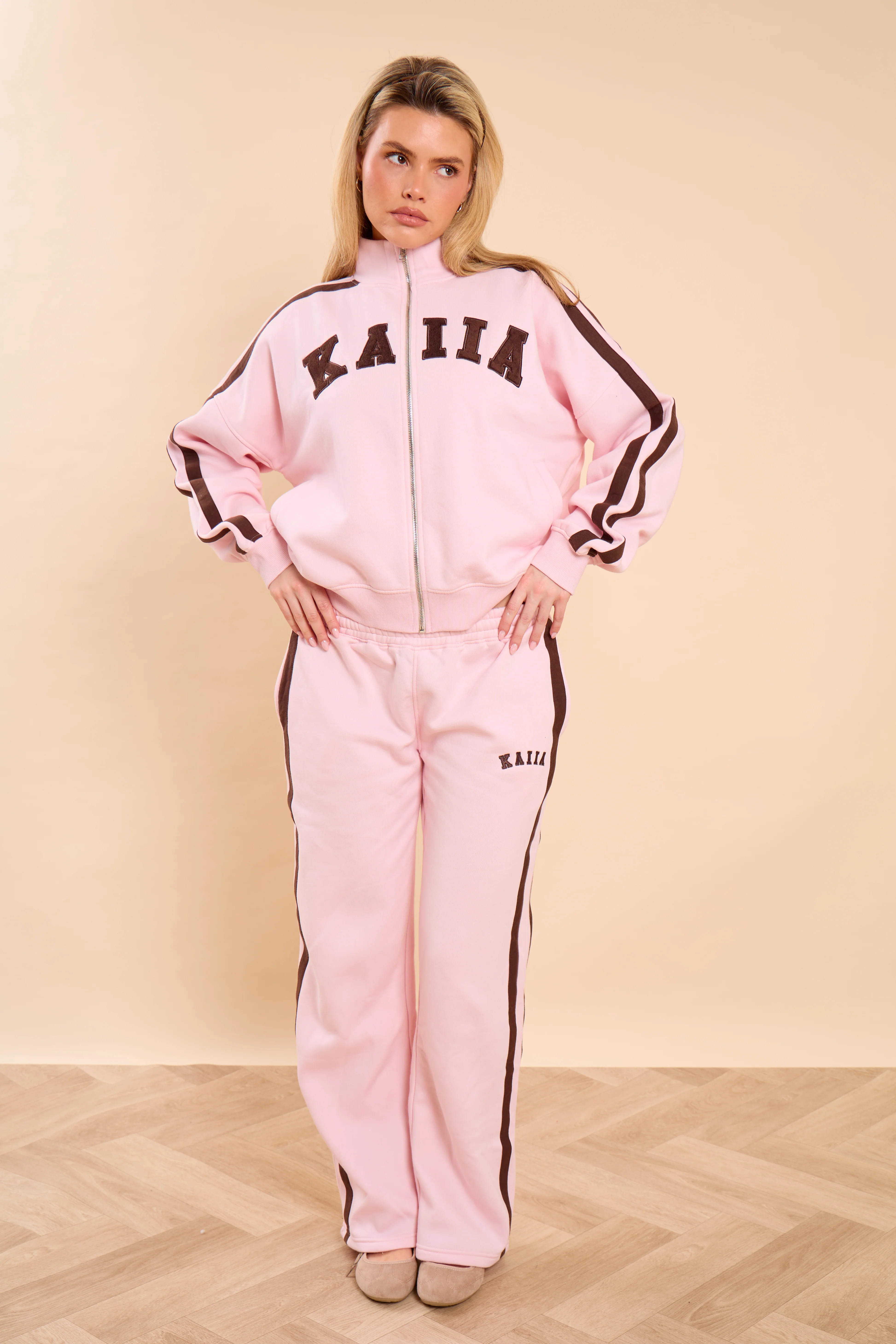 Kaiia Side Stripe Wide Leg Joggers Pink Sugar & Espresso - Image 3
