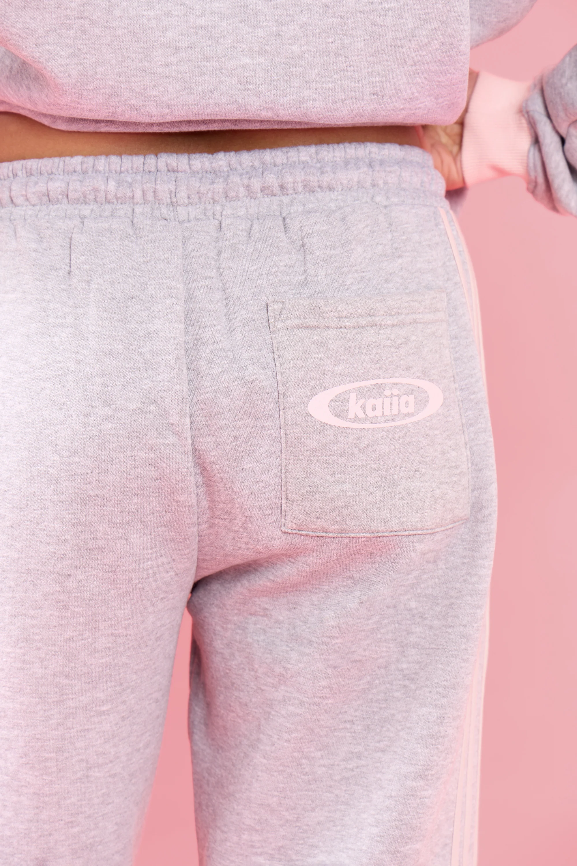 Kaiia Side Striped Wide Leg Joggers Light Grey Marl & Pink Meringue - Image 3
