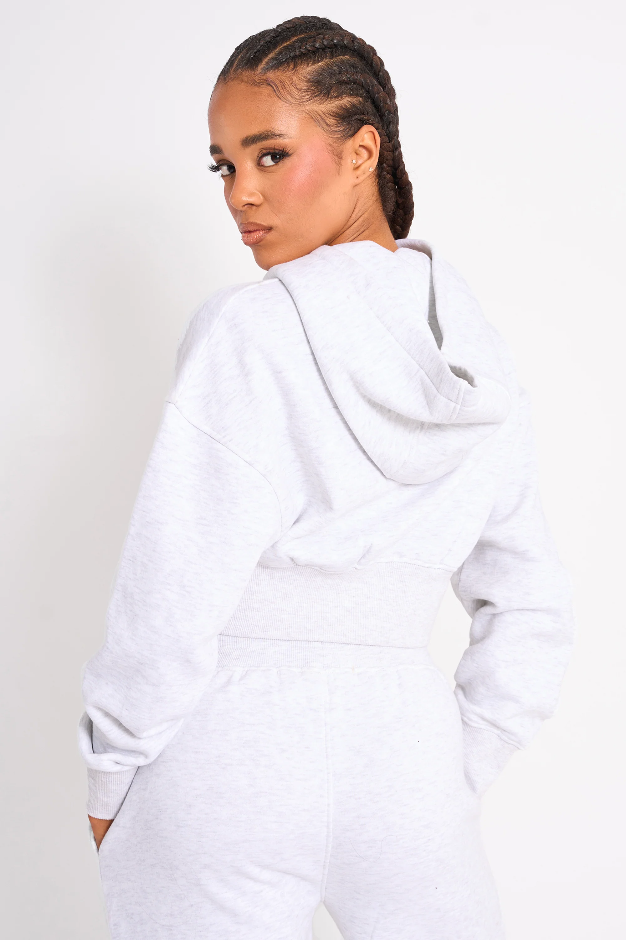 Kaiia Slogan Cropped Zip Up Hoodie Light Grey Marl & White - Image 2
