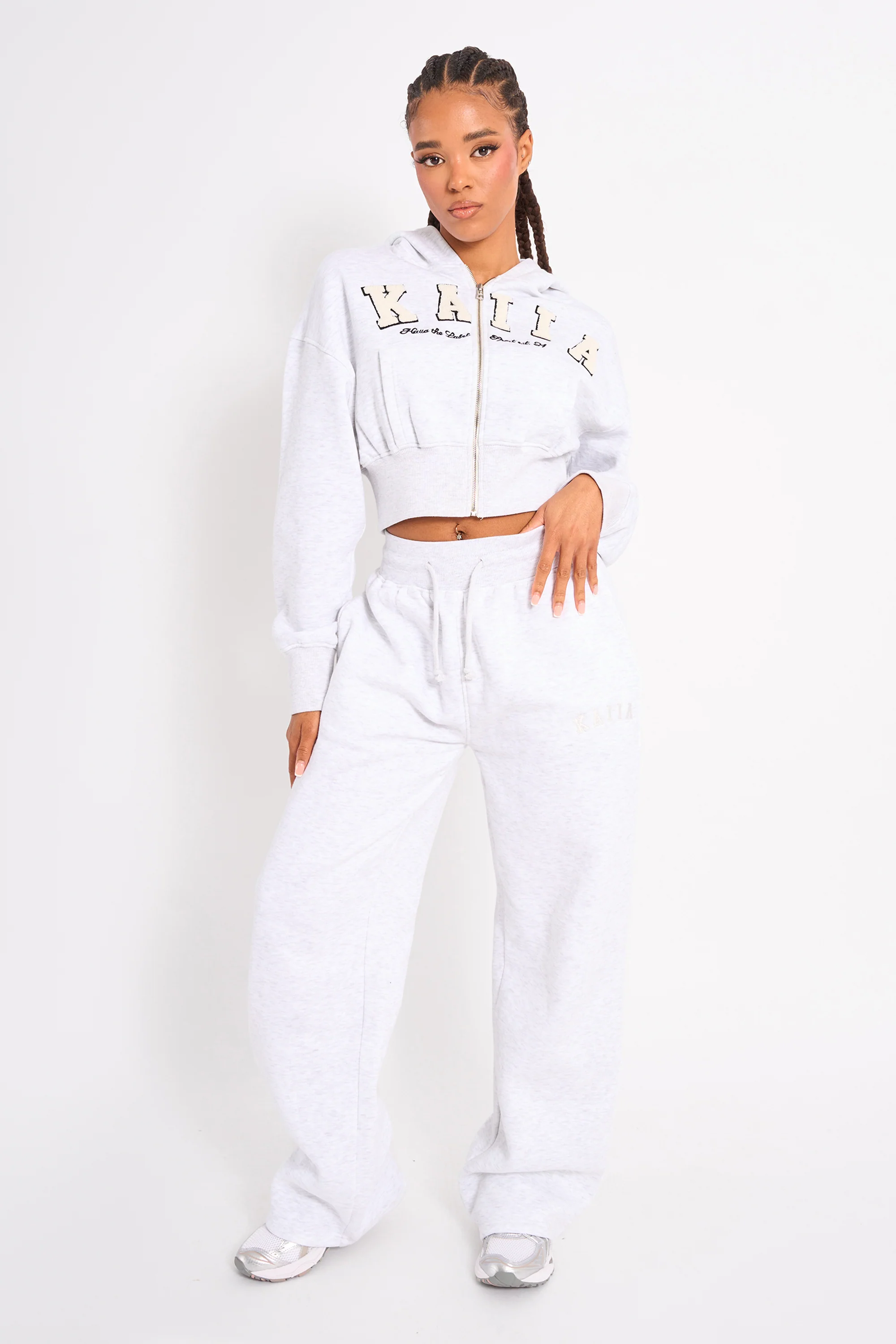 Kaiia Slogan Cropped Zip Up Hoodie Light Grey Marl & White - Image 3