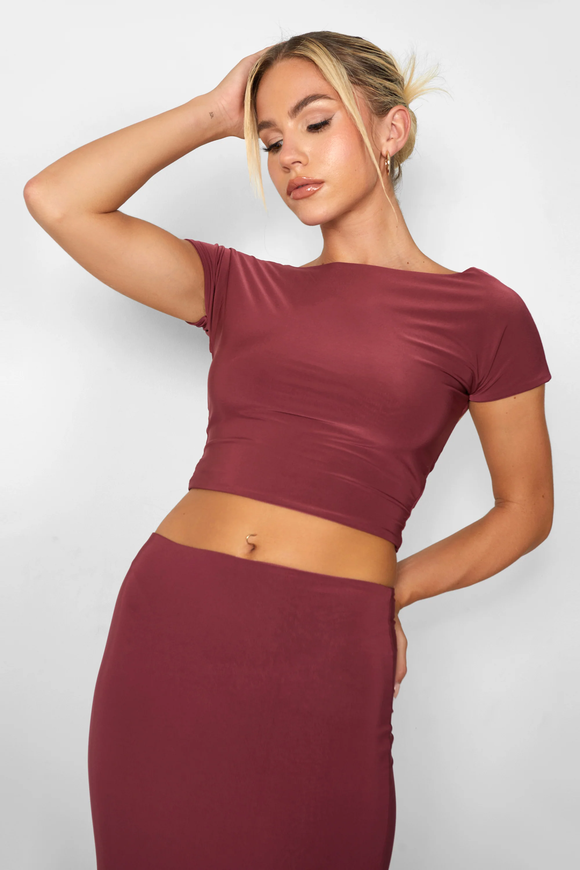 Kaiia Slinky Column Maxi Skirt Co-ord in Burgundy - Image 6