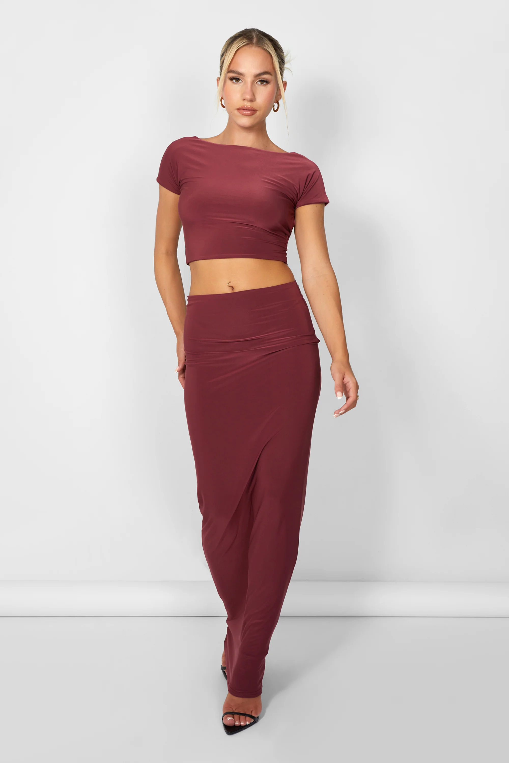 Kaiia Slinky Low Back Top Co-ord in Burgundy - Image 2