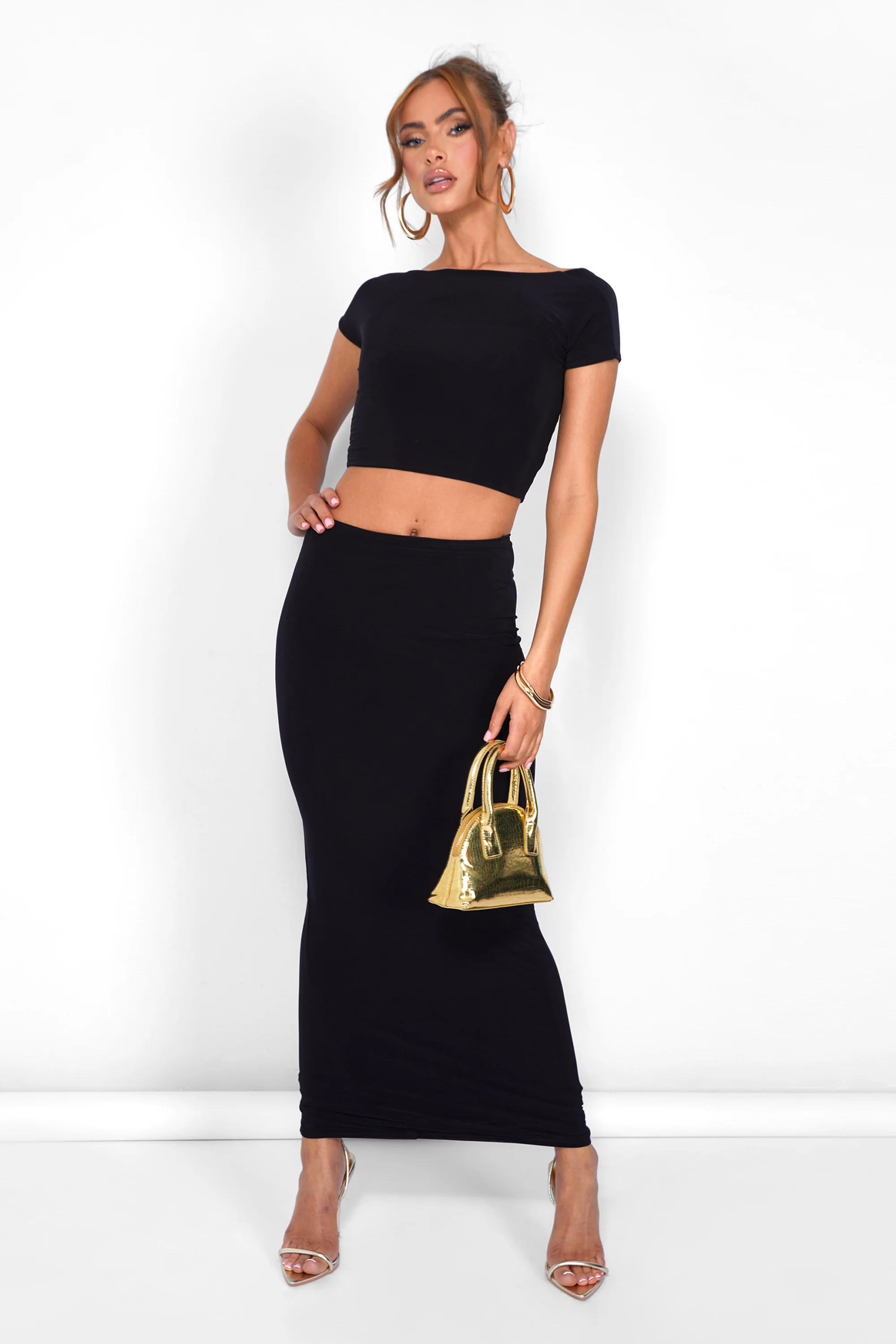 Kaiia Slinky Maxi Skirt Co-ord in Black - Image 3