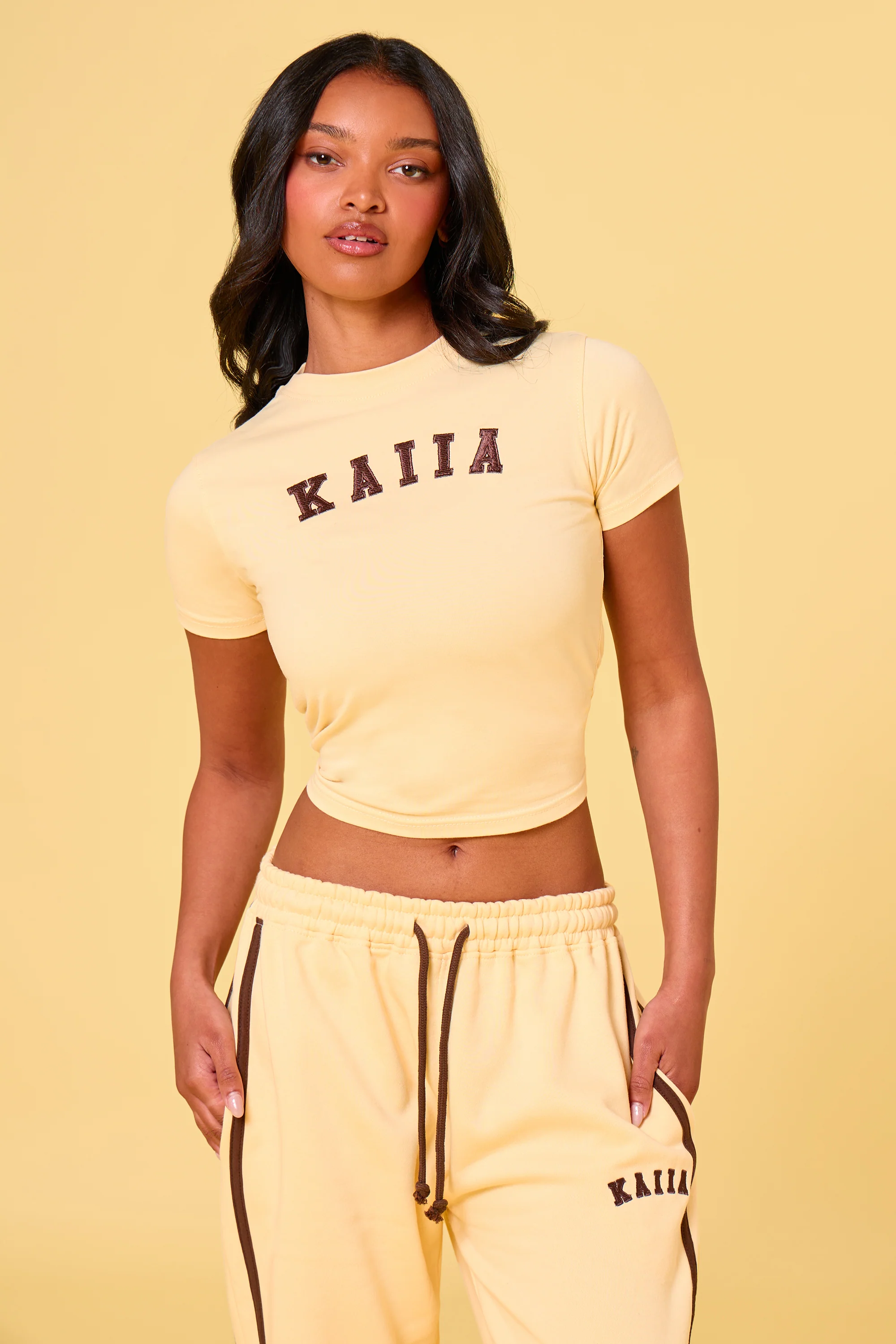 Kaiia Slogan Baby Tee Butter Yellow & Brown - Image 6