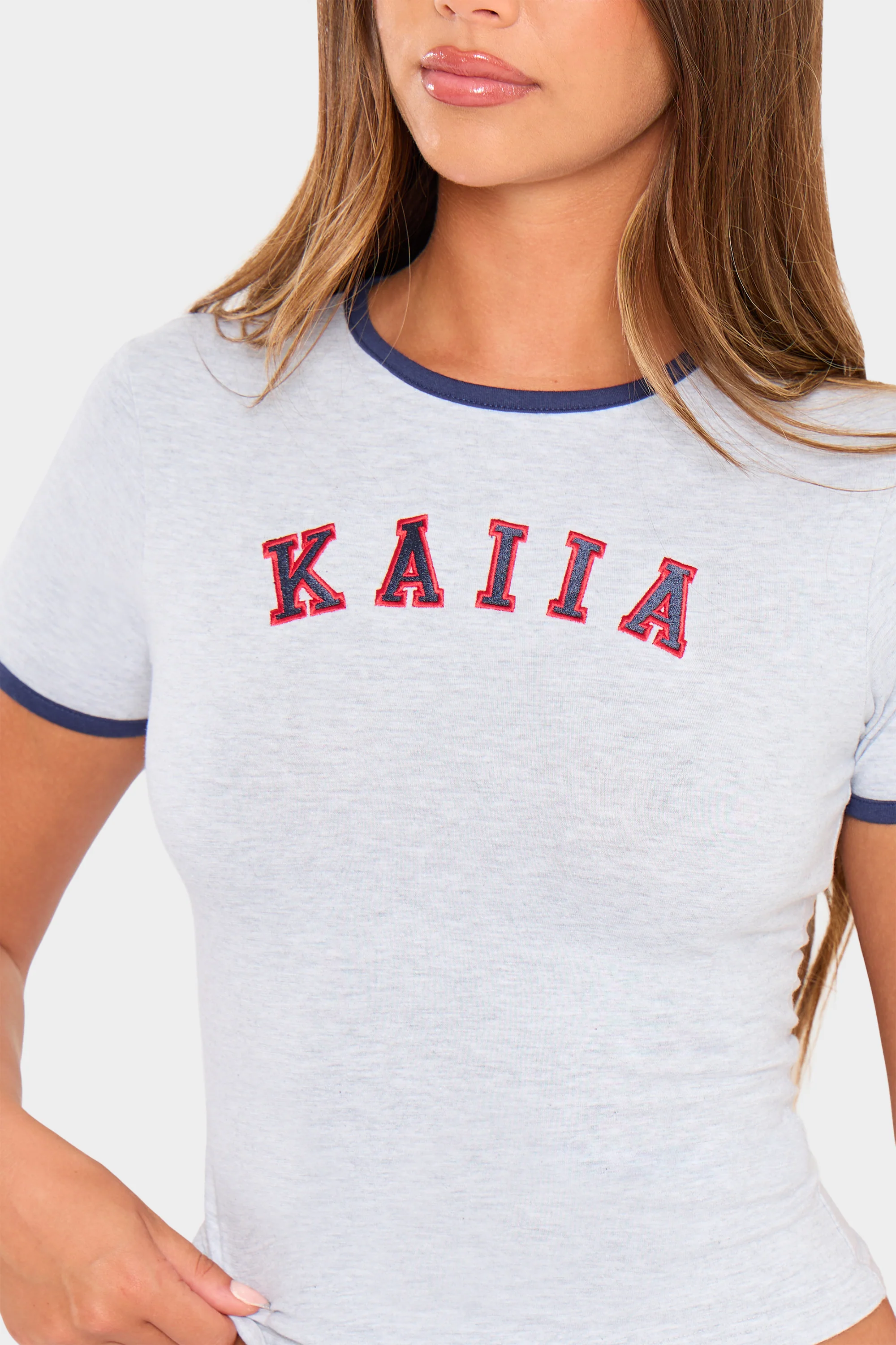 Kaiia Slogan Baby Tee Light Grey Marl & Red - Image 2