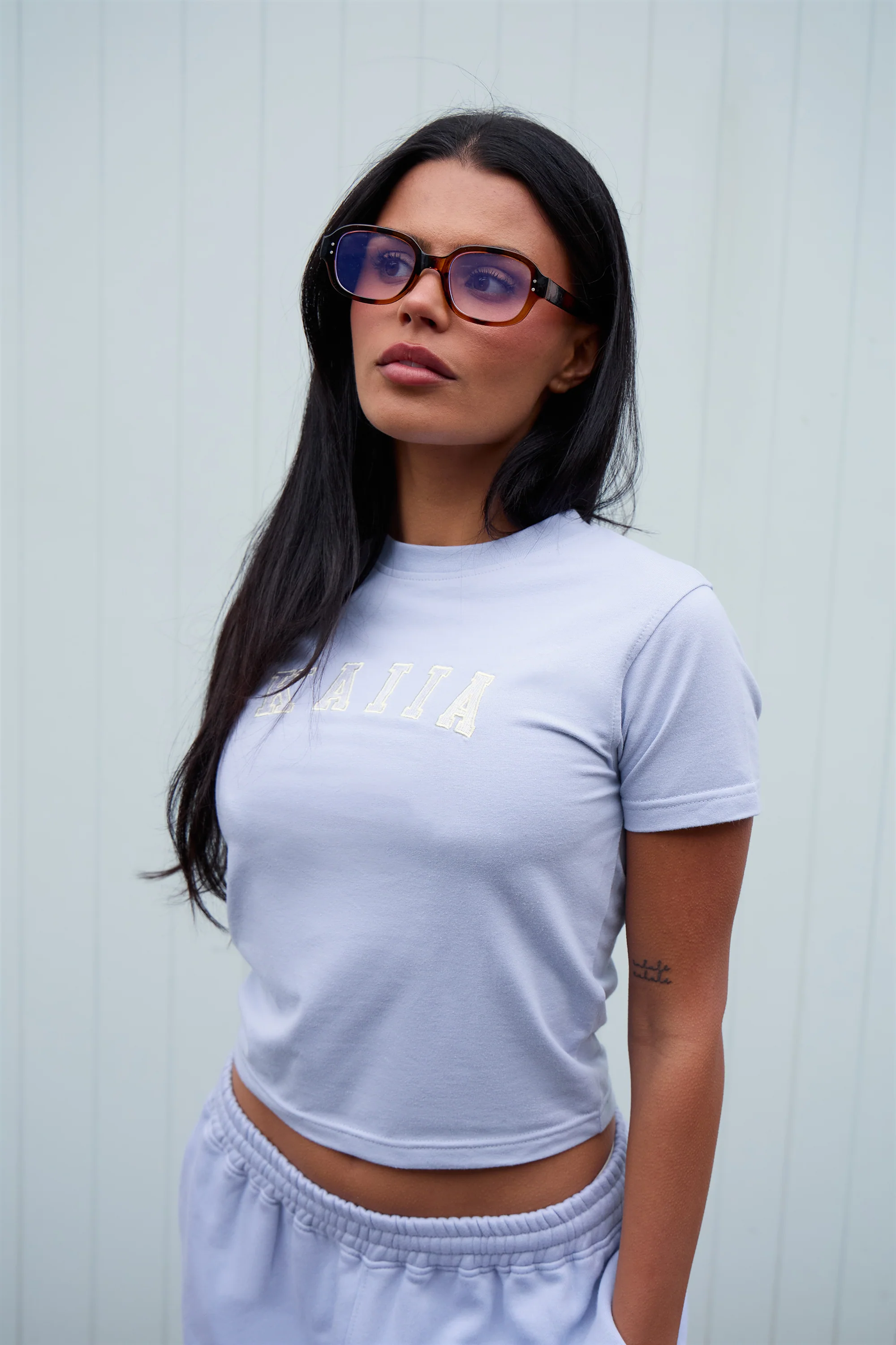 Kaiia Slogan Baby Tee Soft Blue & White