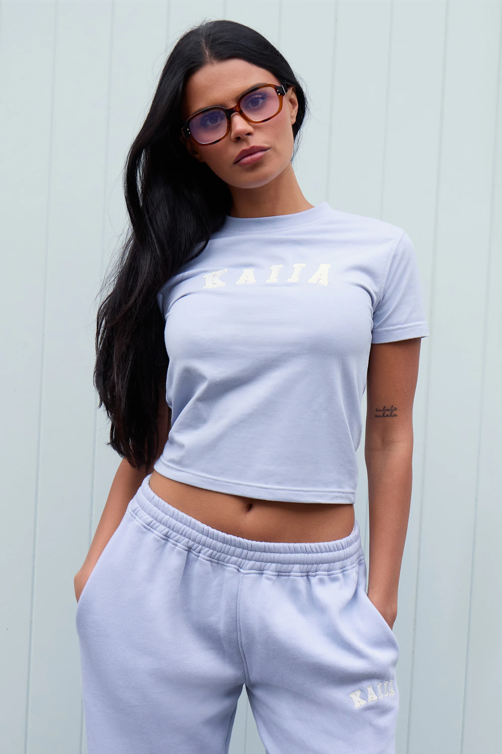 Kaiia Slogan Baby Tee Soft Blue & White - Image 2