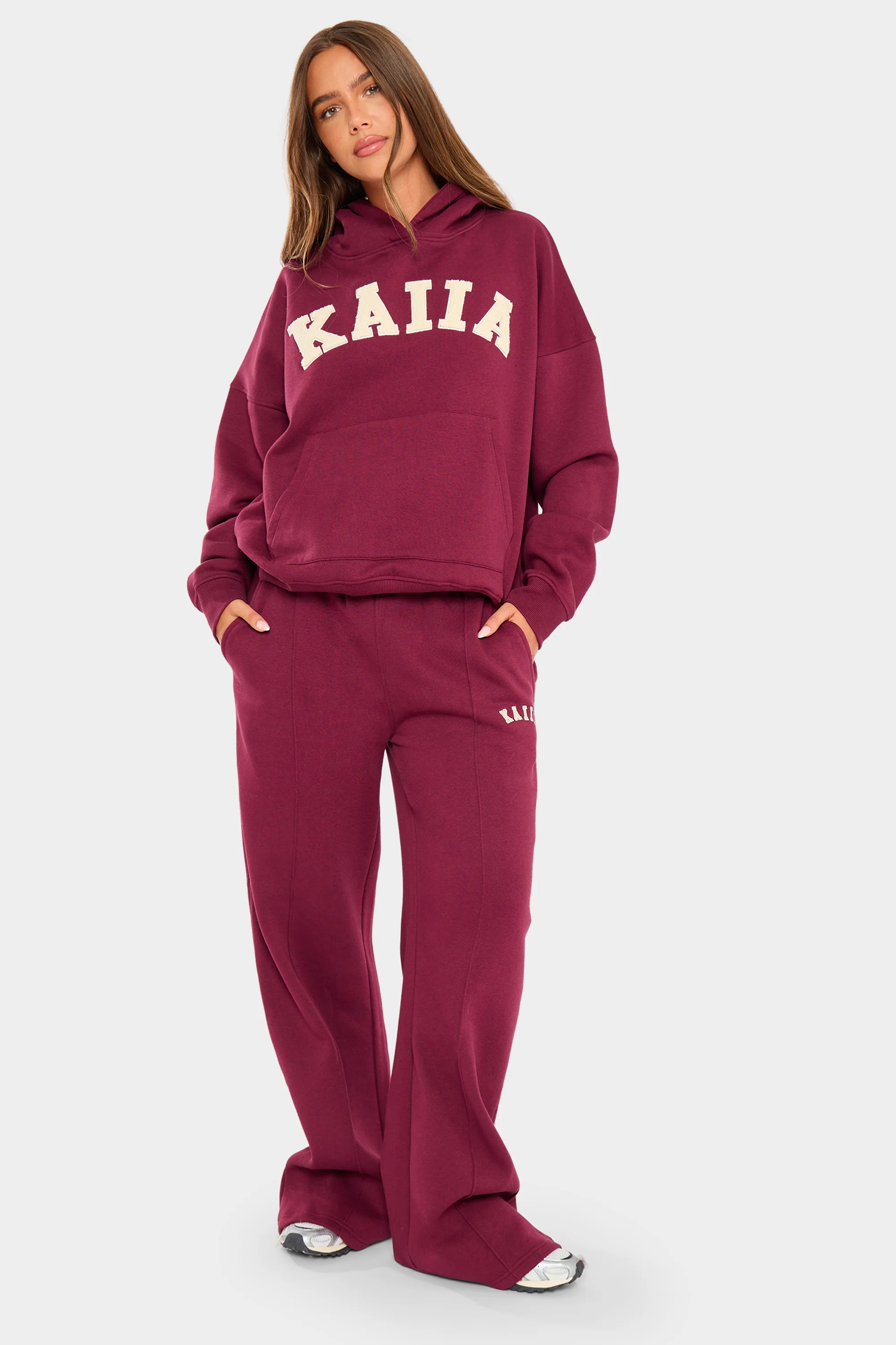 Kaiia Borg Slogan Oversized Hoodie Burgundy & Cream - Image 3