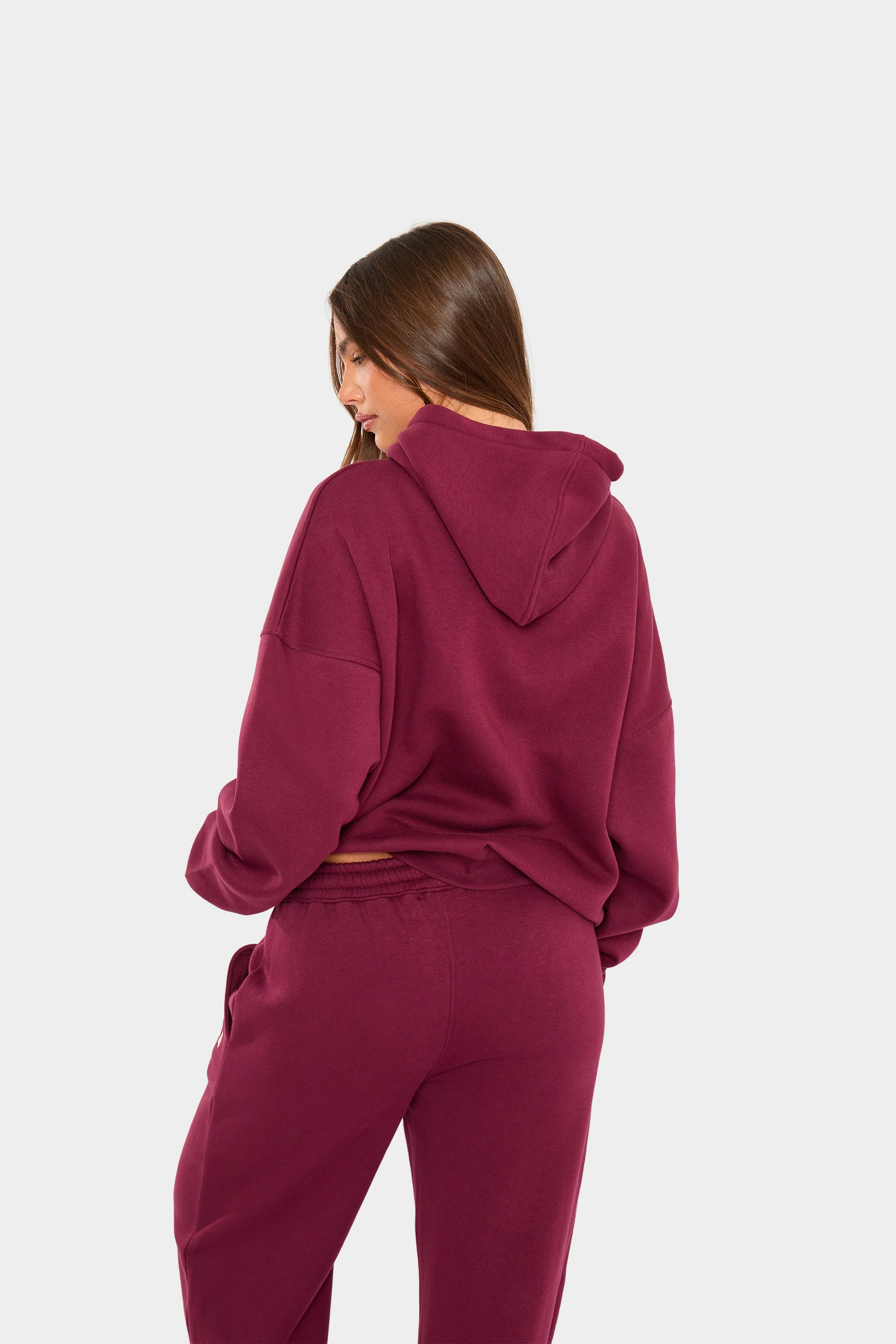 Kaiia Borg Slogan Oversized Hoodie Burgundy & Cream - Image 4