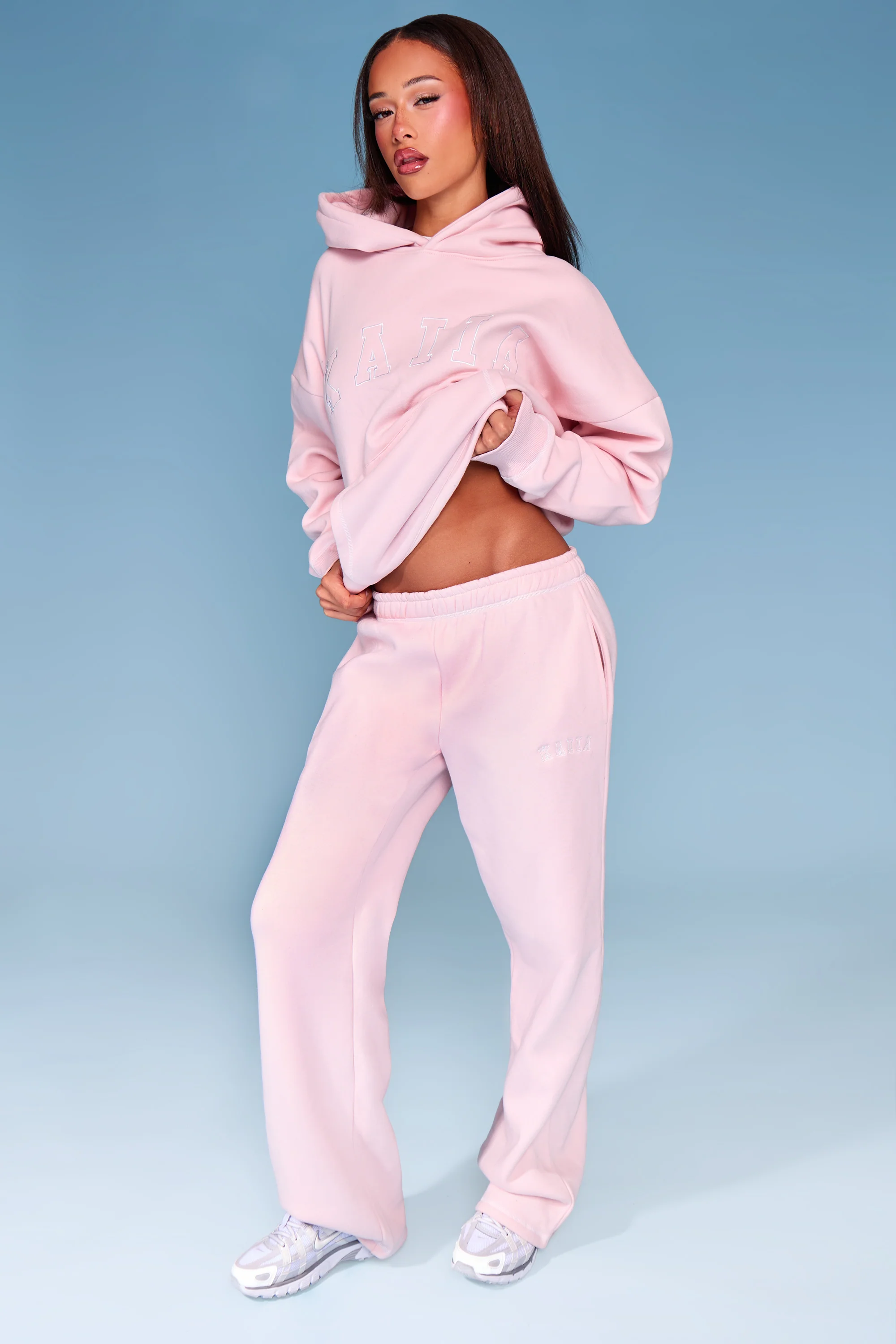 Kaiia Slogan Contrast Stitch Oversized Hoodie Pink & White - Image 3