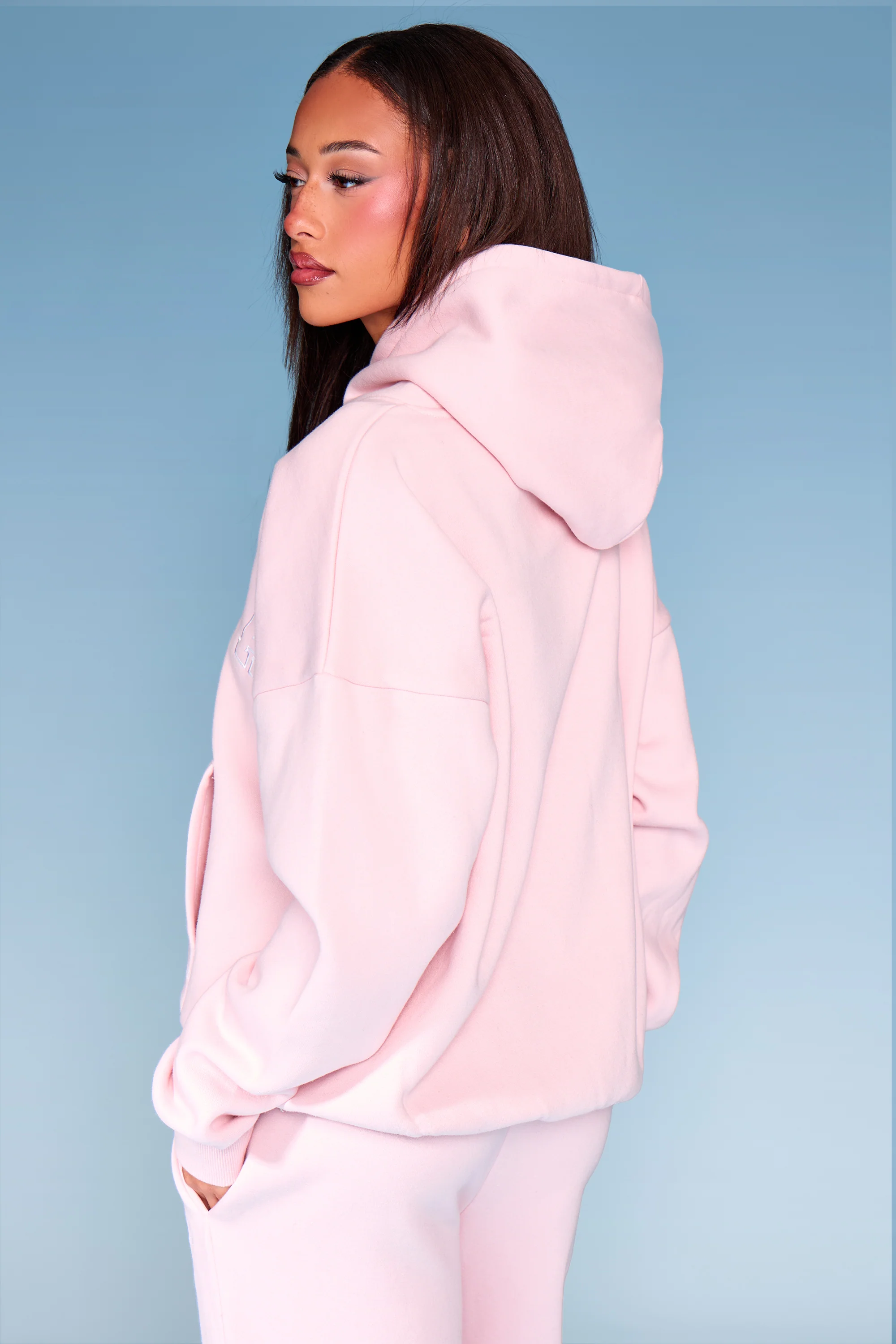 Kaiia Slogan Contrast Stitch Oversized Hoodie Pink & White - Image 4