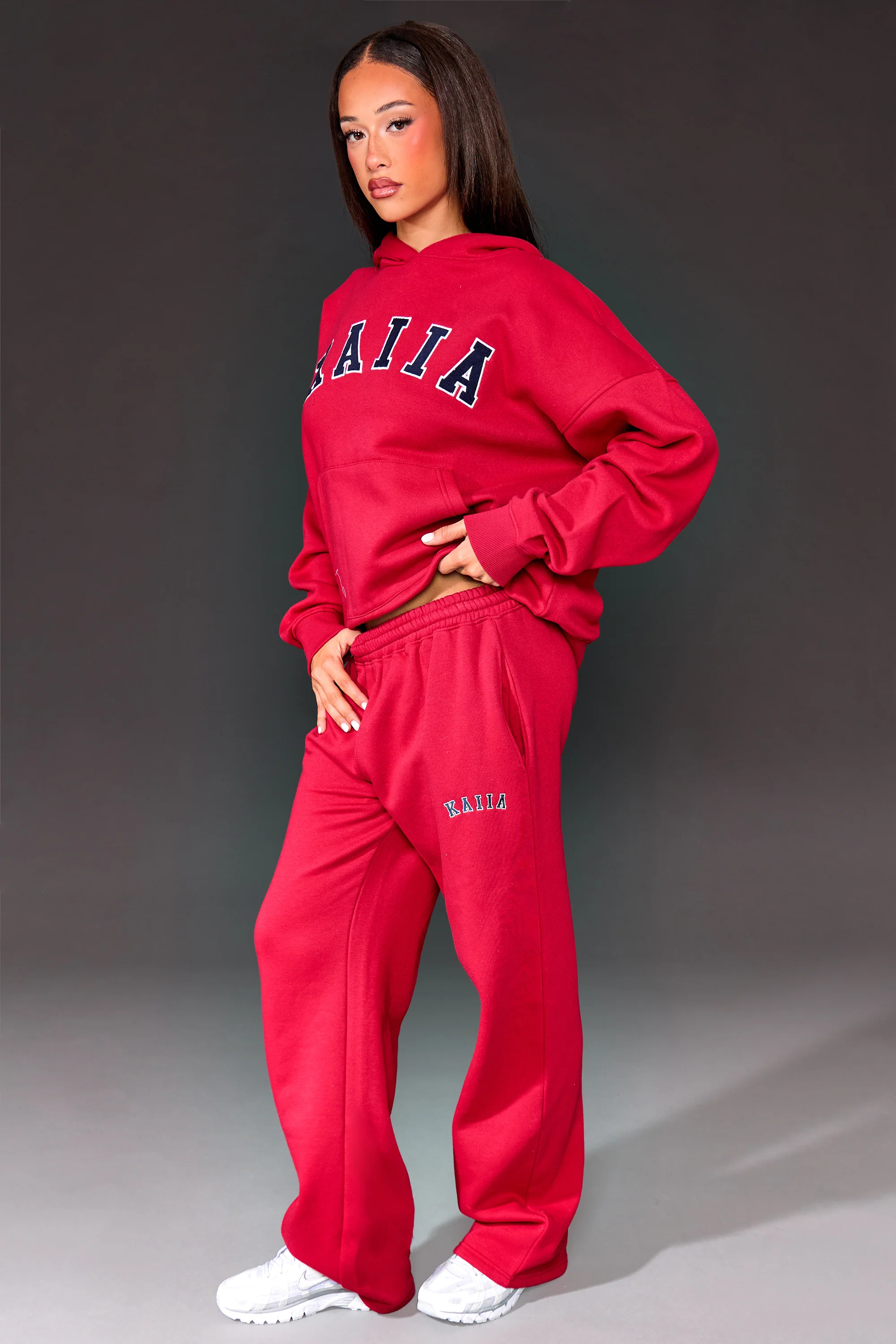 Kaiia Slogan High Waisted Wide Leg Joggers Red & Navy - Image 2