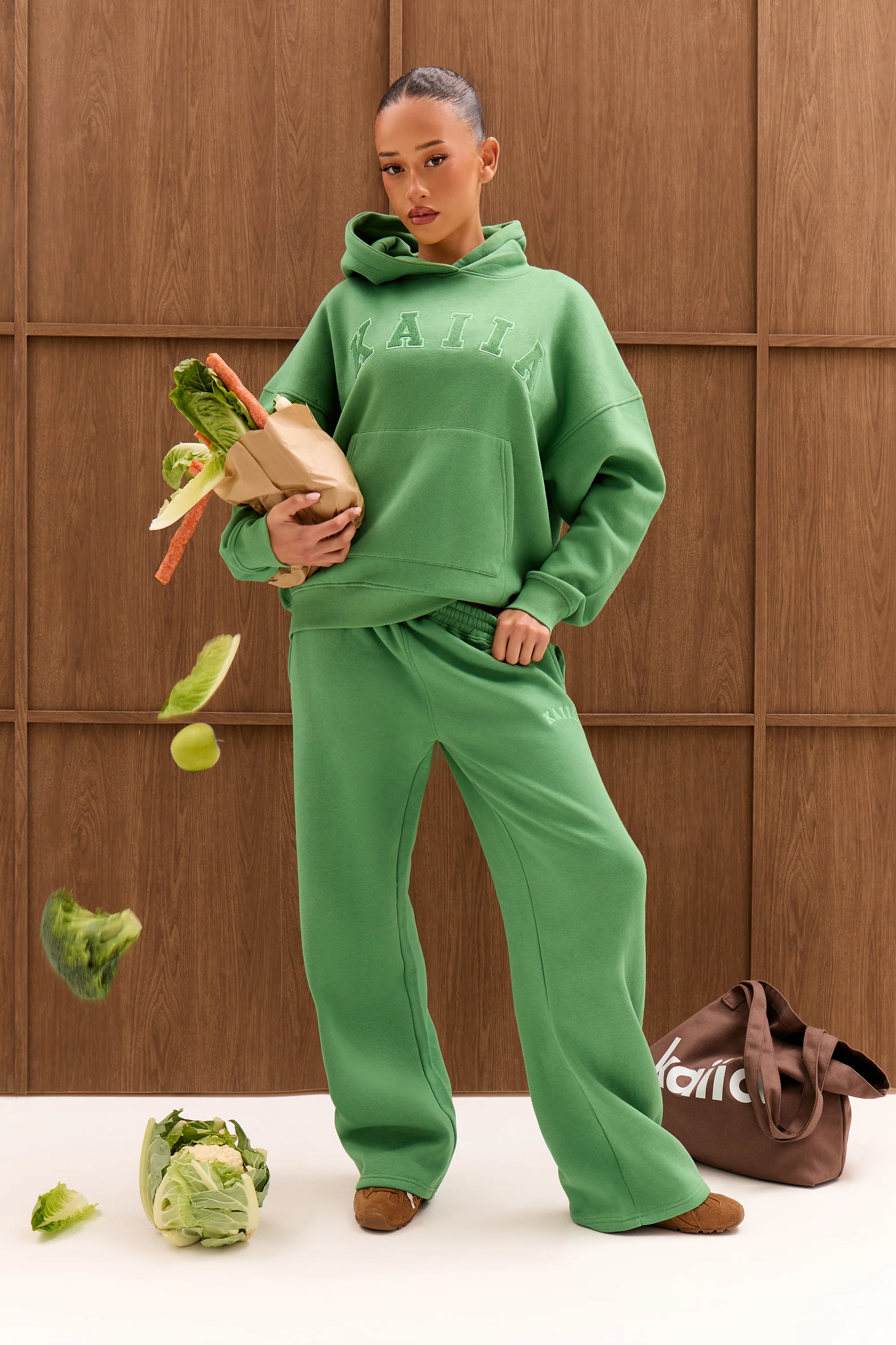 Kaiia Slogan High Waisted Wide Leg Joggers Spring Green