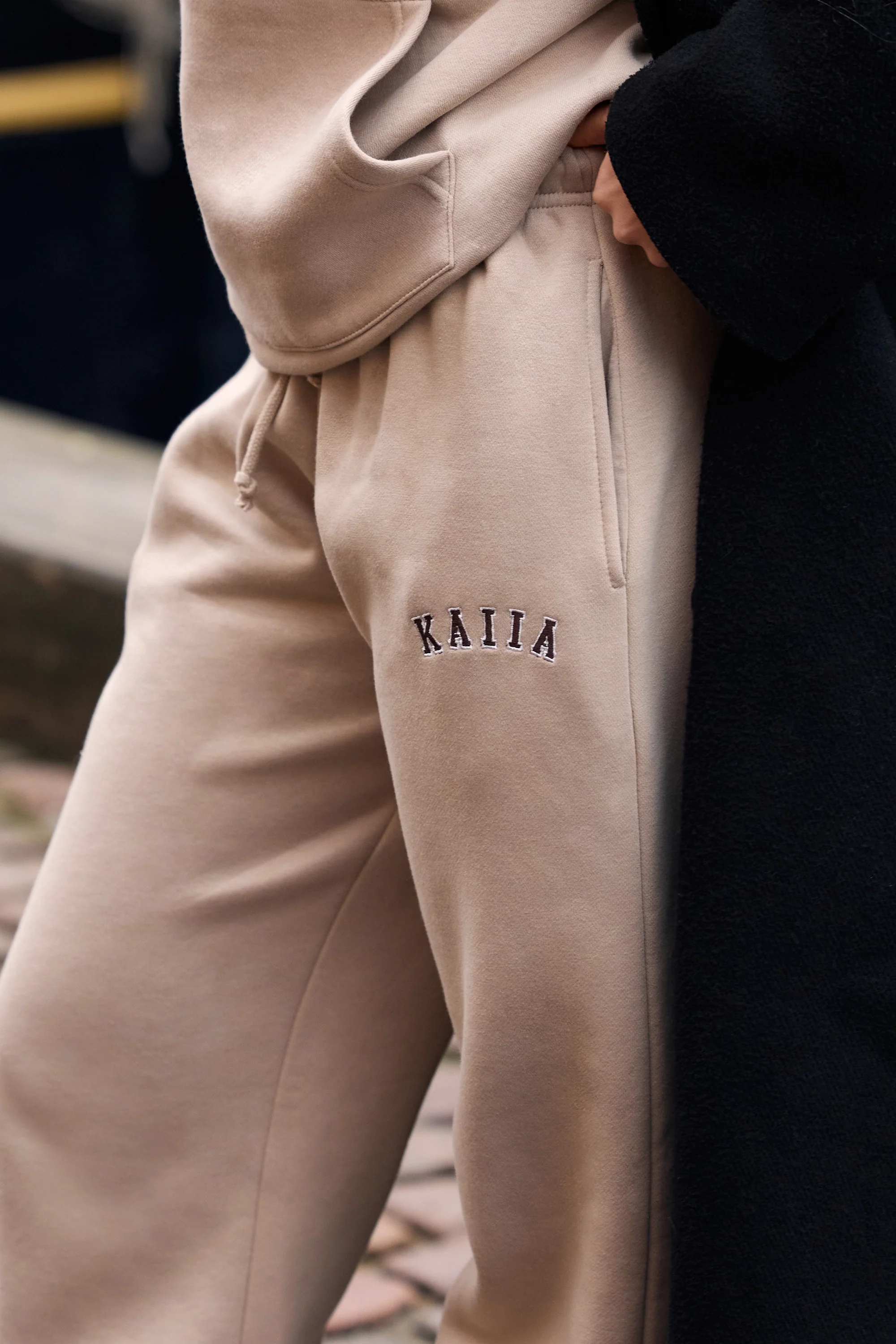 Kaiia Slogan Mid Rise Wide Leg Joggers Ash Taupe & Bitter Chocolate - Image 2