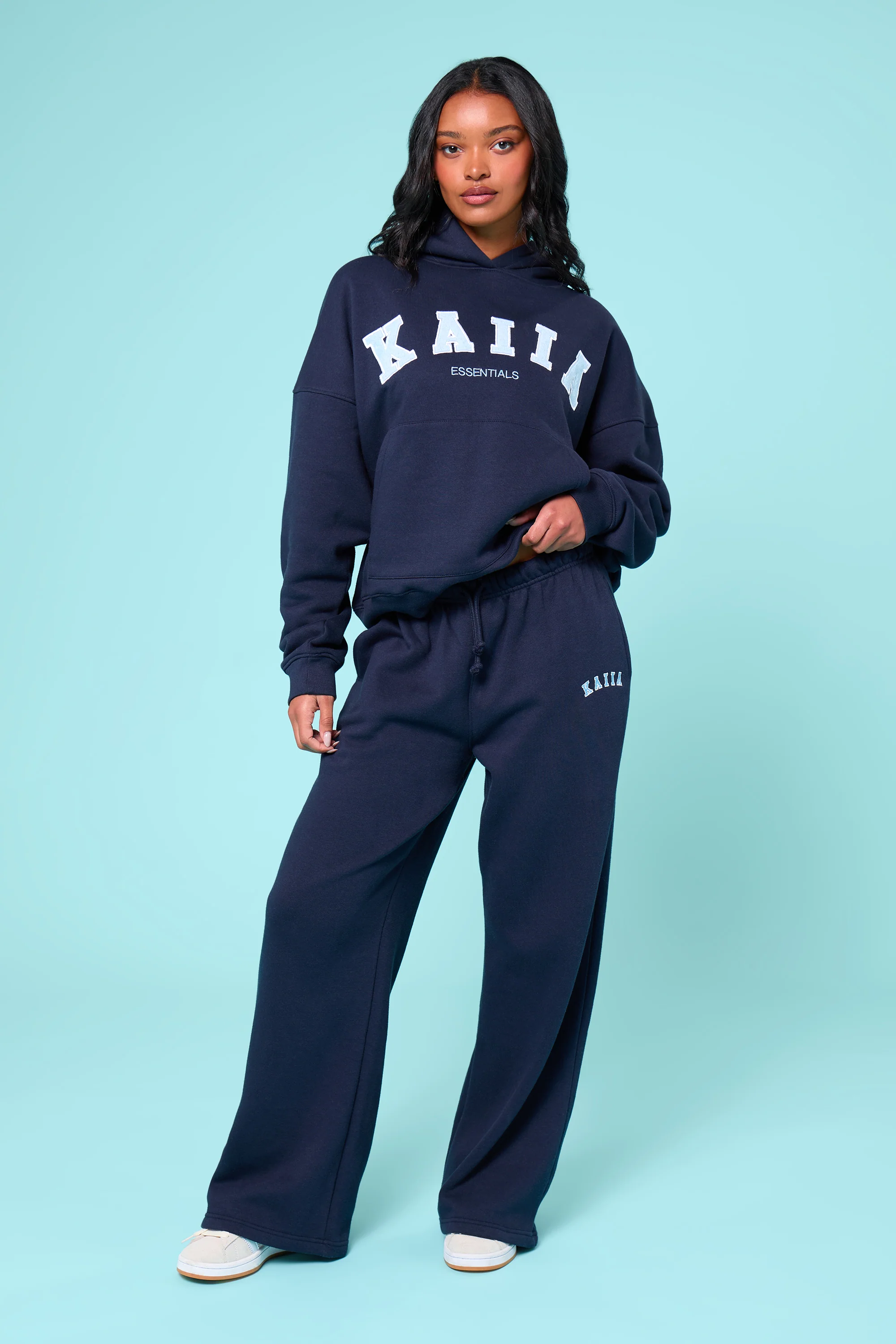 Kaiia Slogan Mid Rise Wide Leg Joggers Navy & Baby Blue - Image 6
