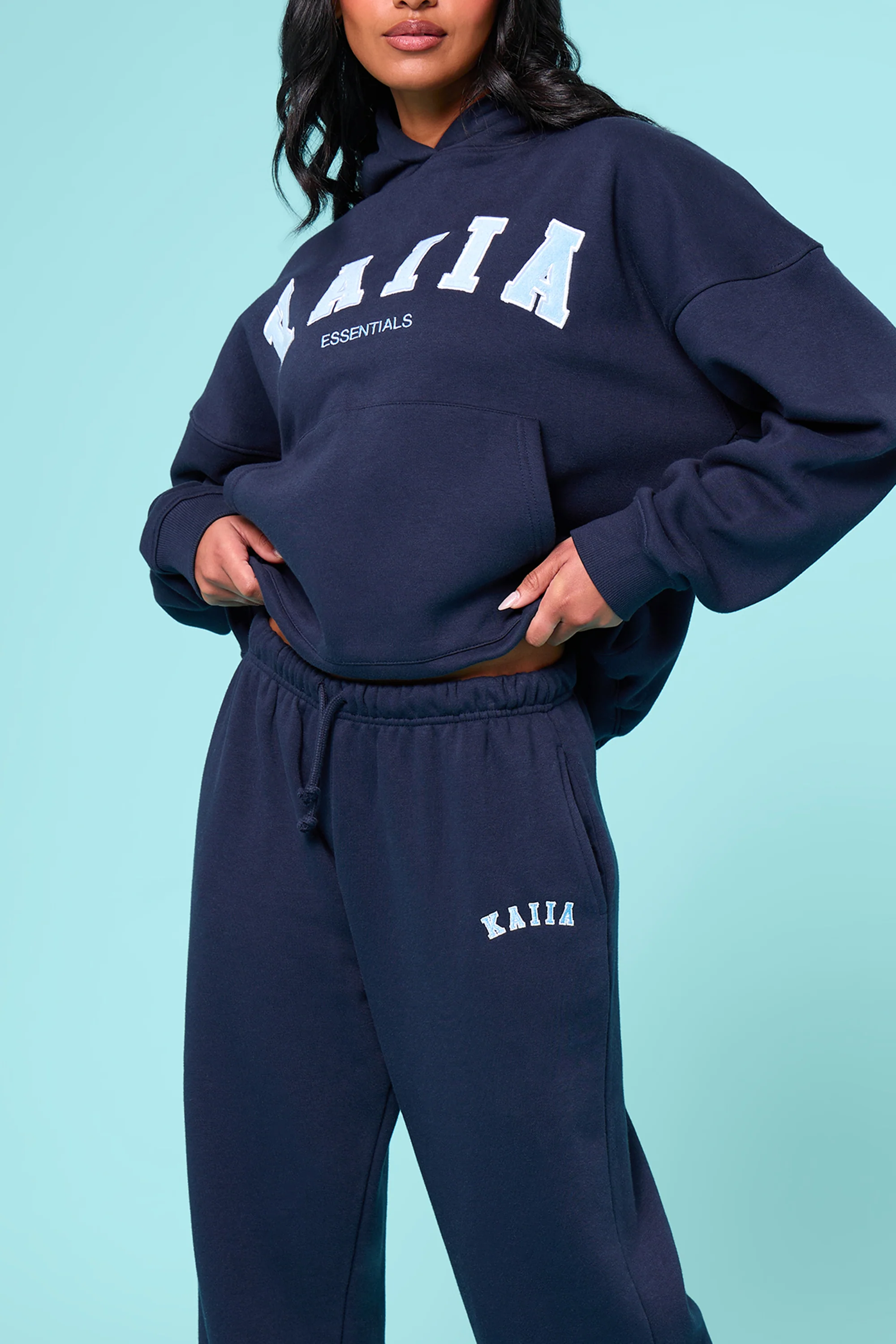 Kaiia Slogan Mid Rise Wide Leg Joggers Navy & Baby Blue - Image 7