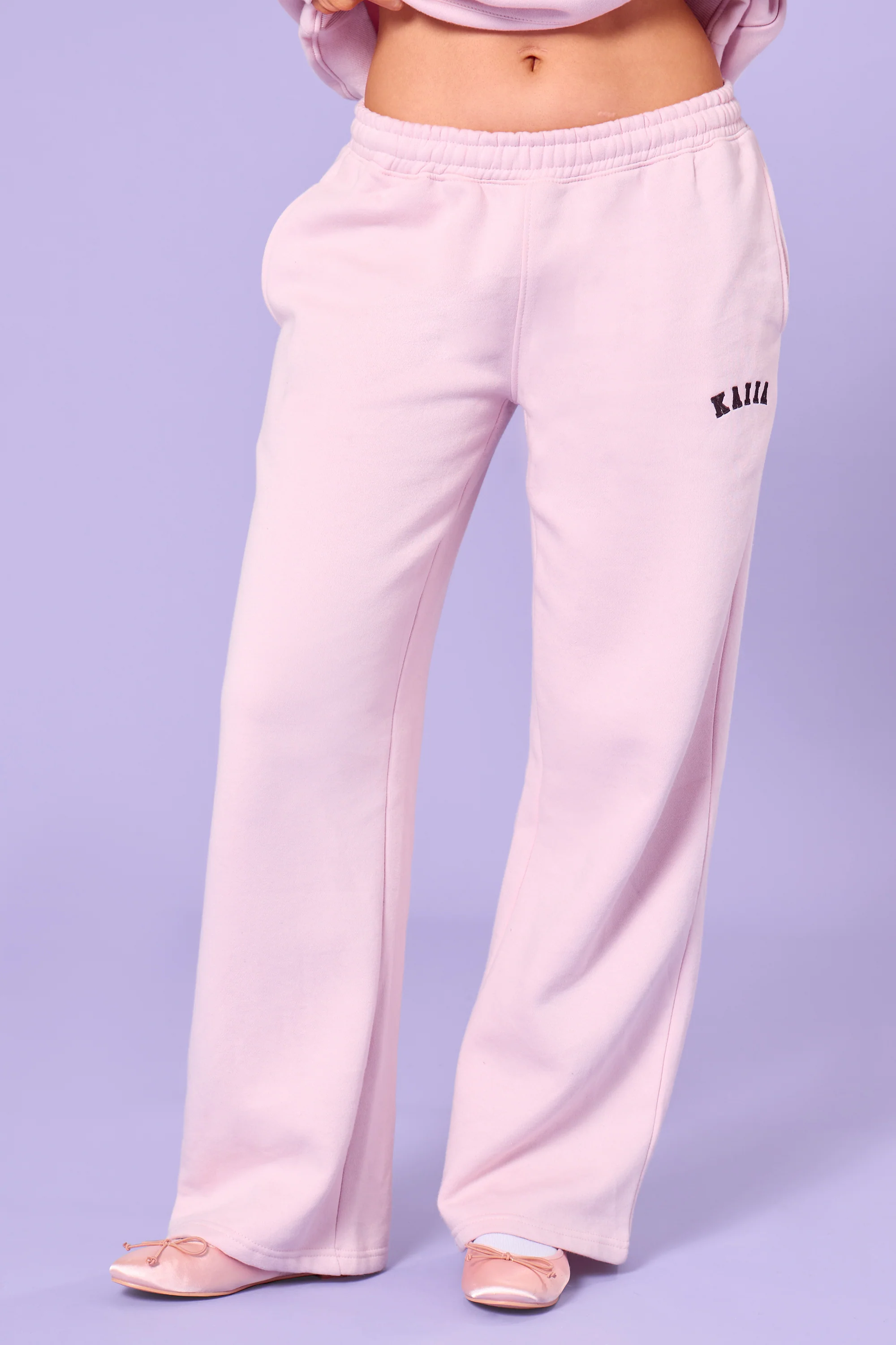 Kaiia Slogan Mid Rise Wide Leg Joggers Pink Chai & Bitter Chocolate - Image 3