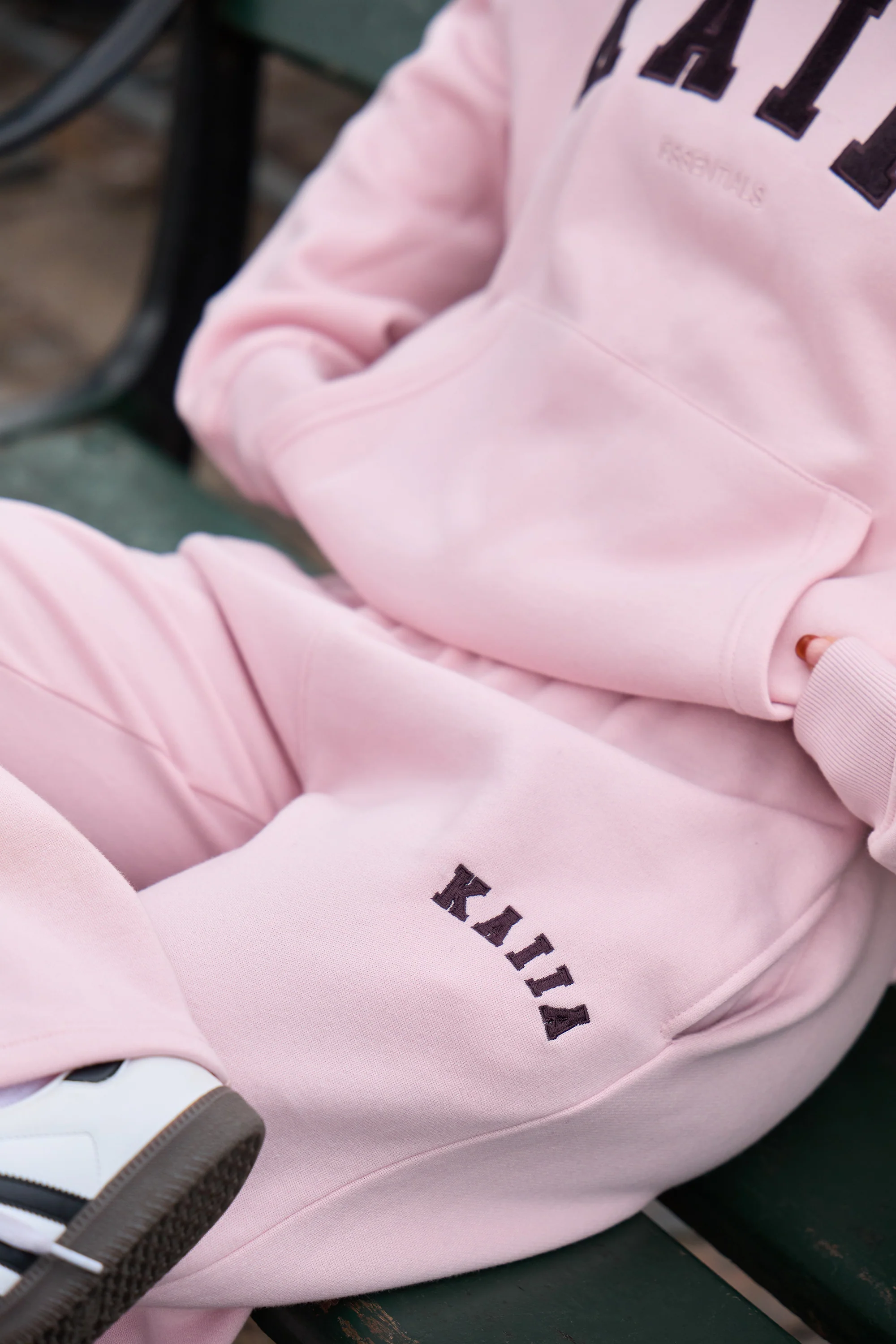 Kaiia Slogan Mid Rise Wide Leg Joggers Pink Chai & Bitter Chocolate - Image 6
