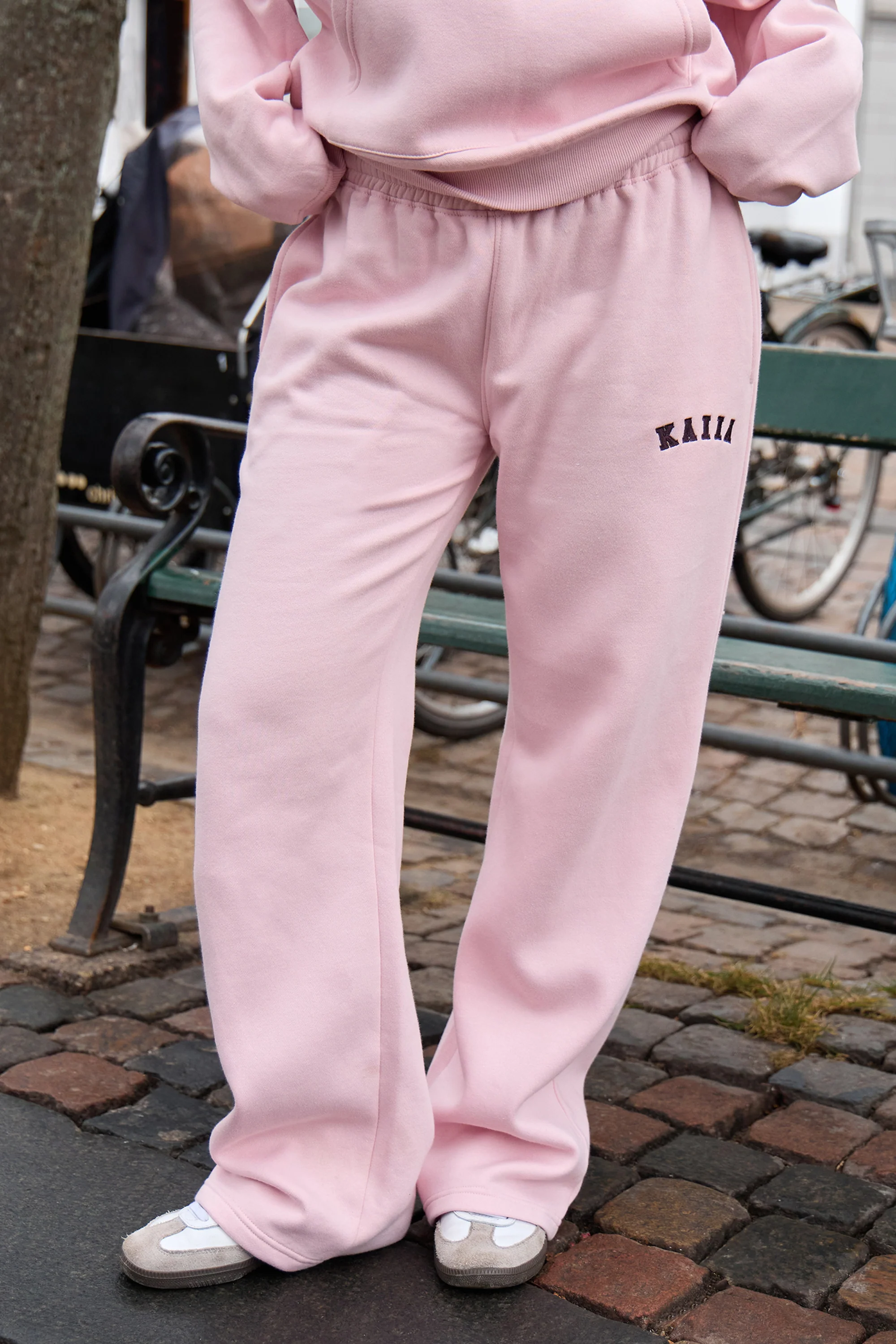 Kaiia Slogan Mid Rise Wide Leg Joggers Pink Chai & Bitter Chocolate - Image 7