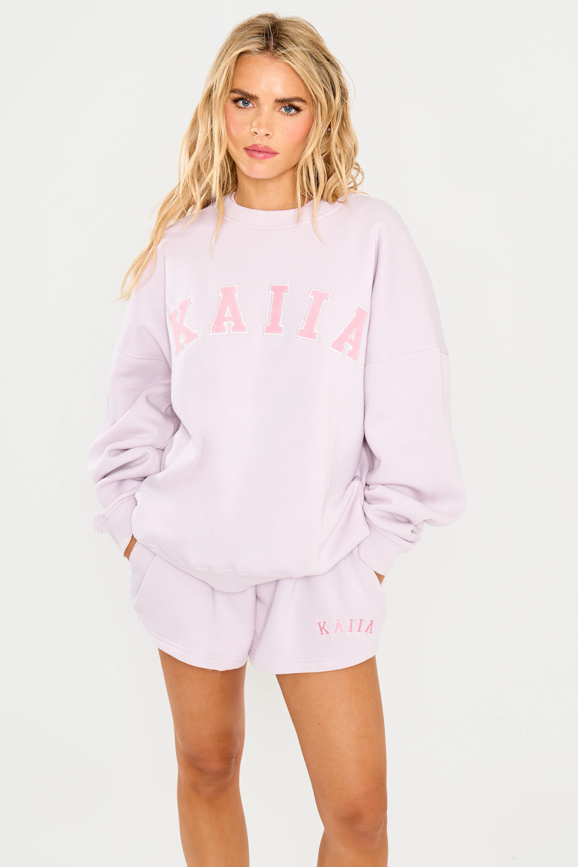 Kaiia Slogan Mini Sweat Shorts Pale Lavender - Image 6