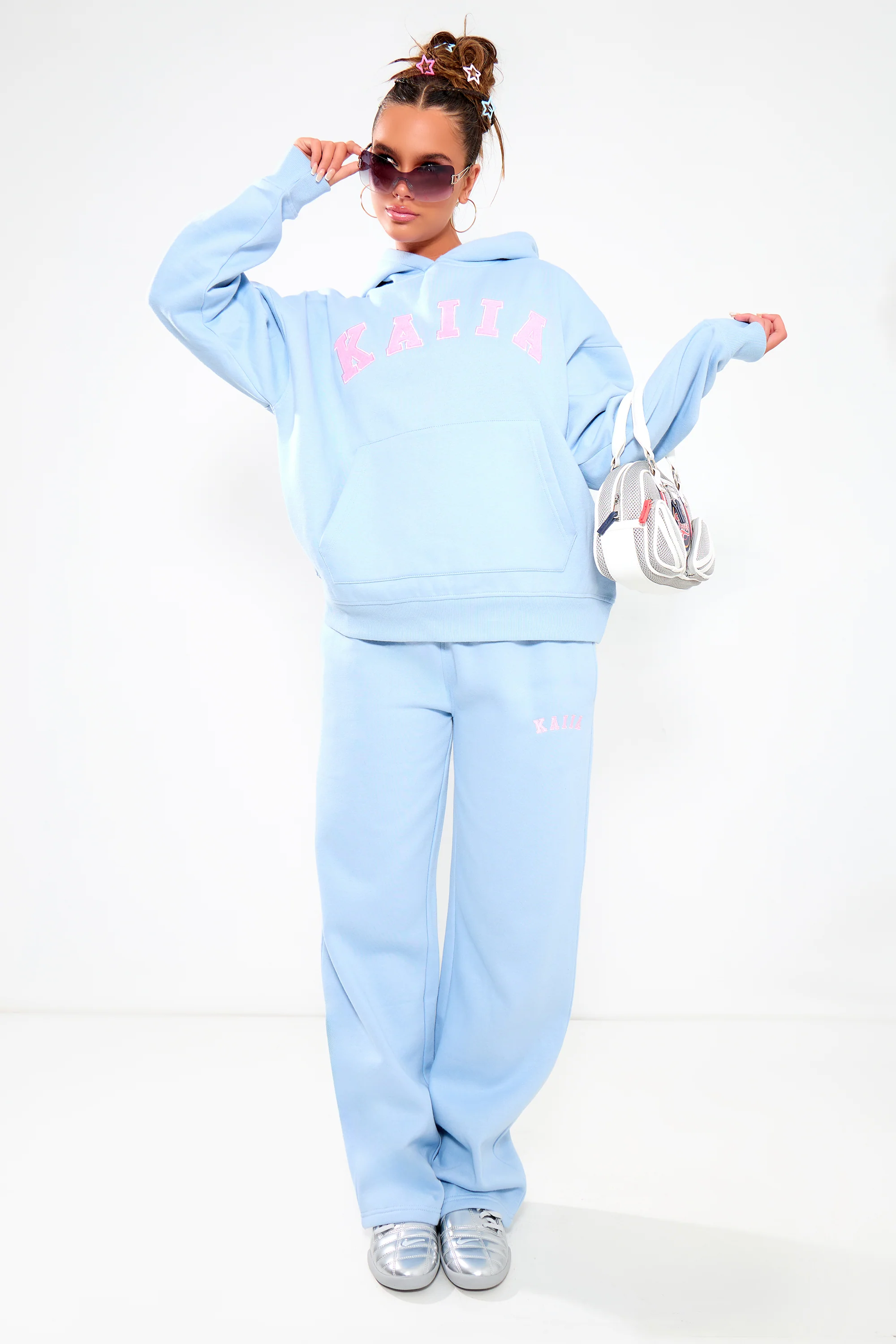 Kaiia Slogan Oversized Hoodie Baby Blue & Pink - Image 3