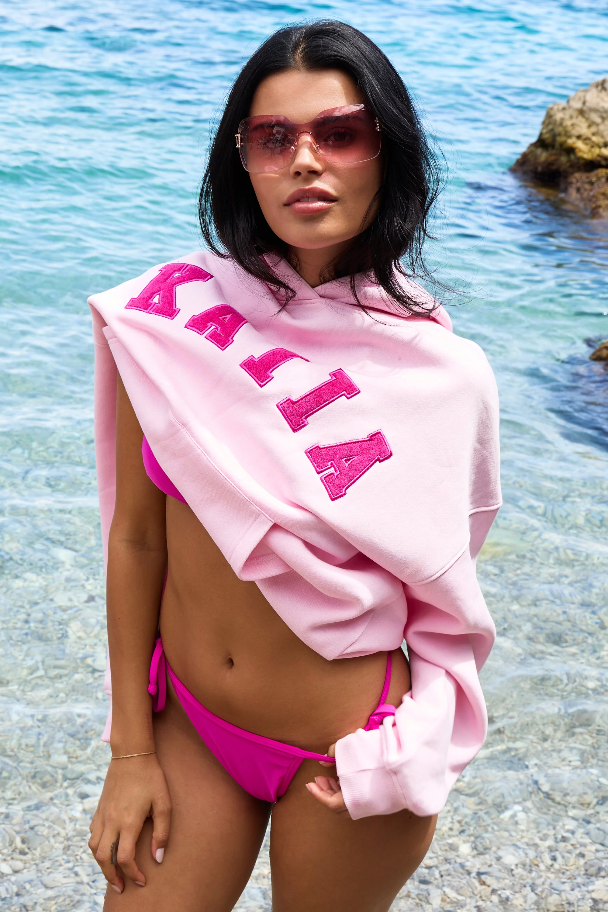 Kaiia Slogan Oversized Hoodie Baby Pink & Hot Pink - Image 2