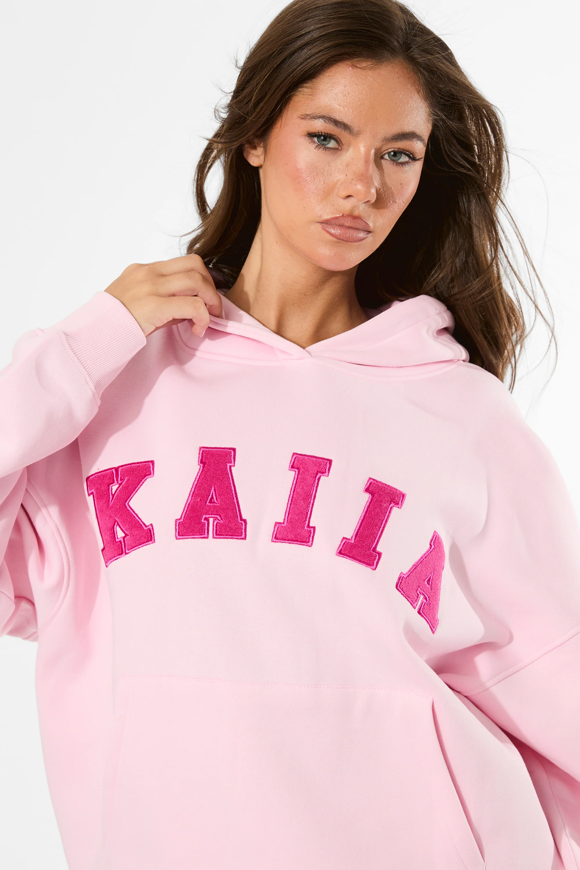 Kaiia Slogan Oversized Hoodie Baby Pink & Hot Pink - Image 5