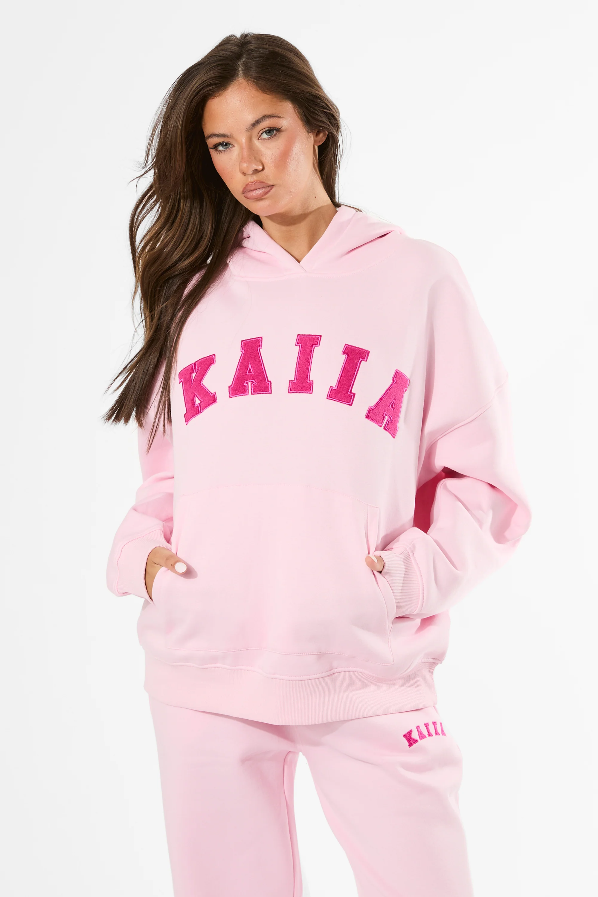 Kaiia Slogan Oversized Hoodie Baby Pink & Hot Pink - Image 9