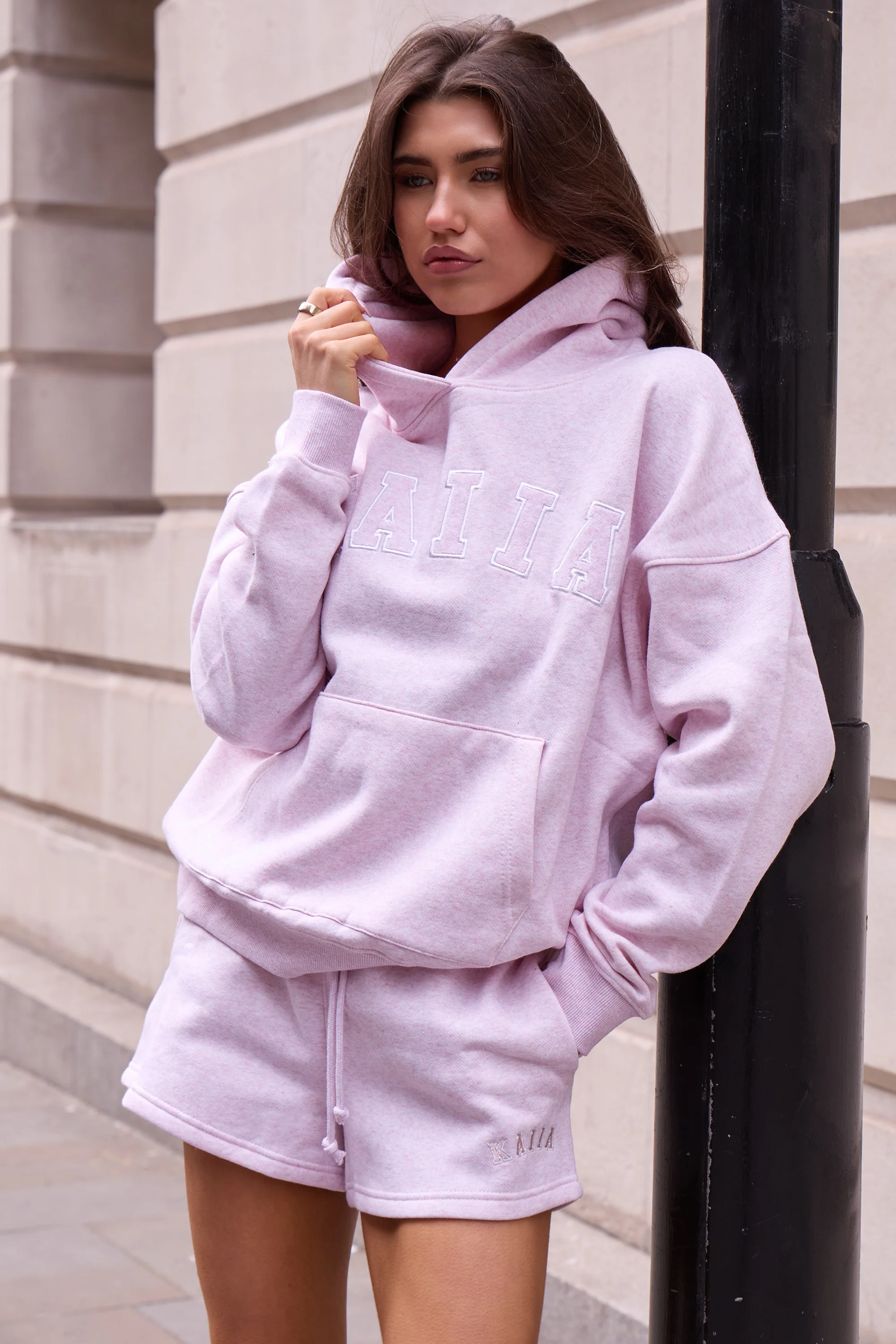 Kaiia Slogan Oversized Hoodie Baby Pink Marl