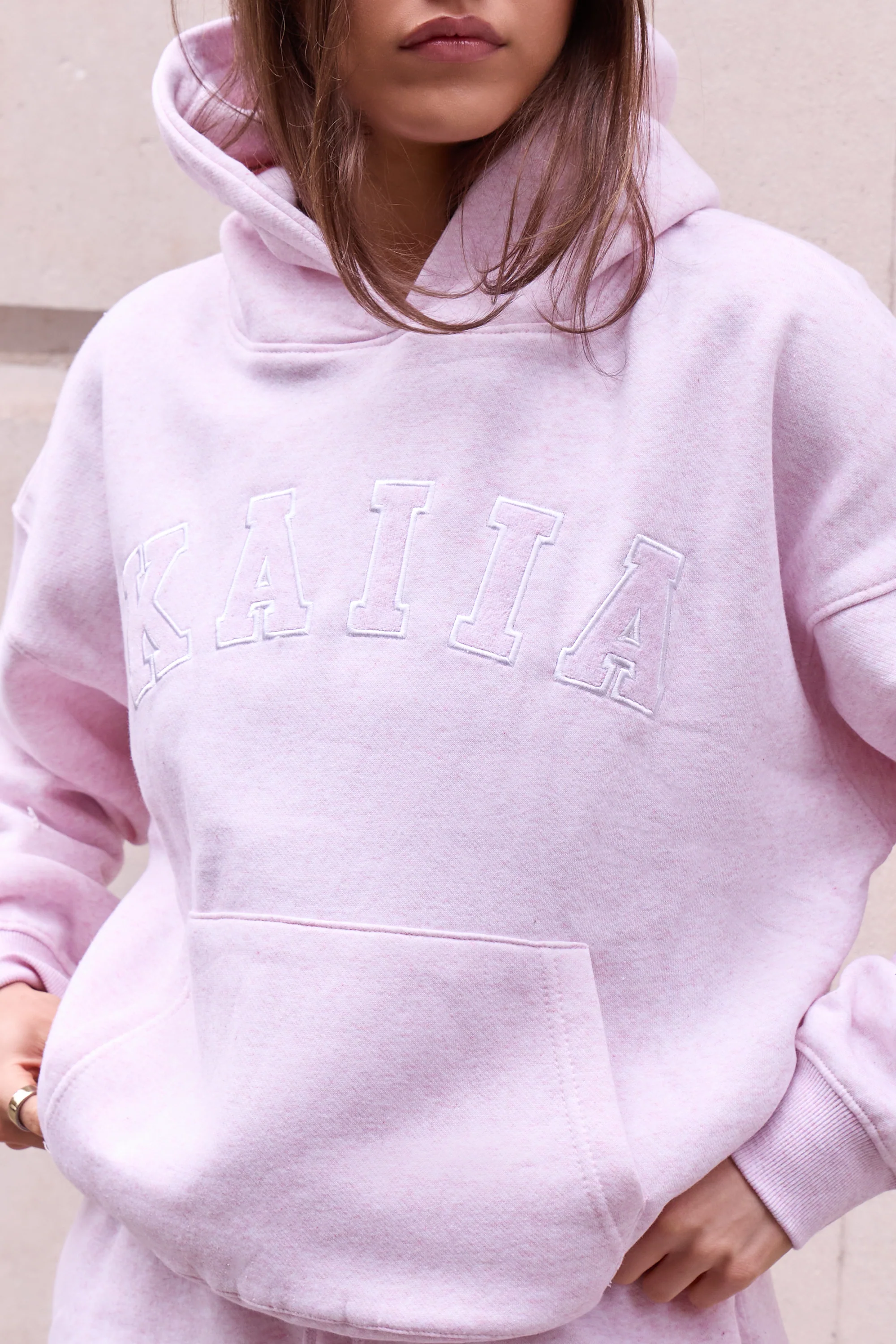 Kaiia Slogan Oversized Hoodie Baby Pink Marl - Image 2