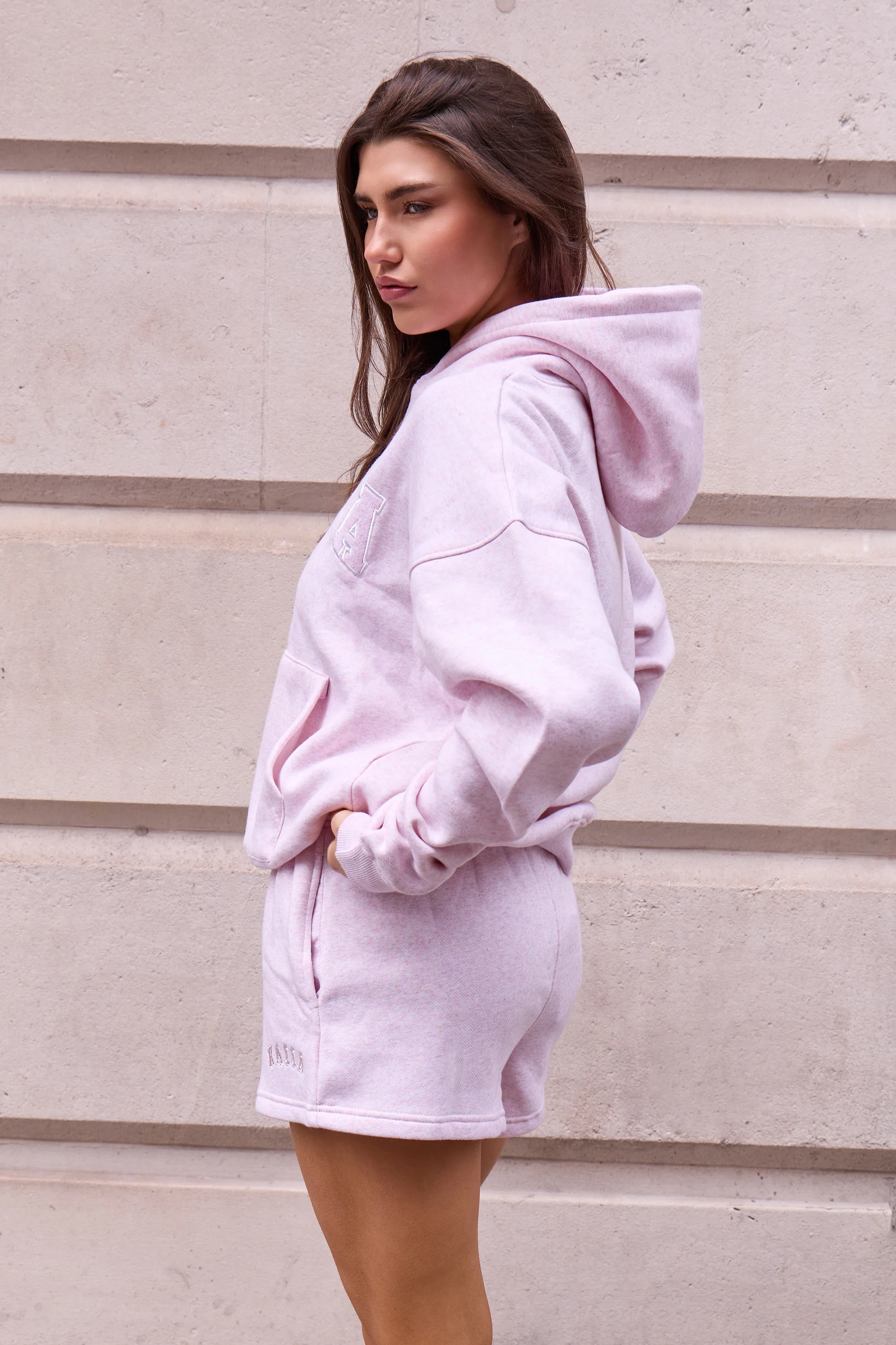 Kaiia Slogan Oversized Hoodie Baby Pink Marl - Image 4