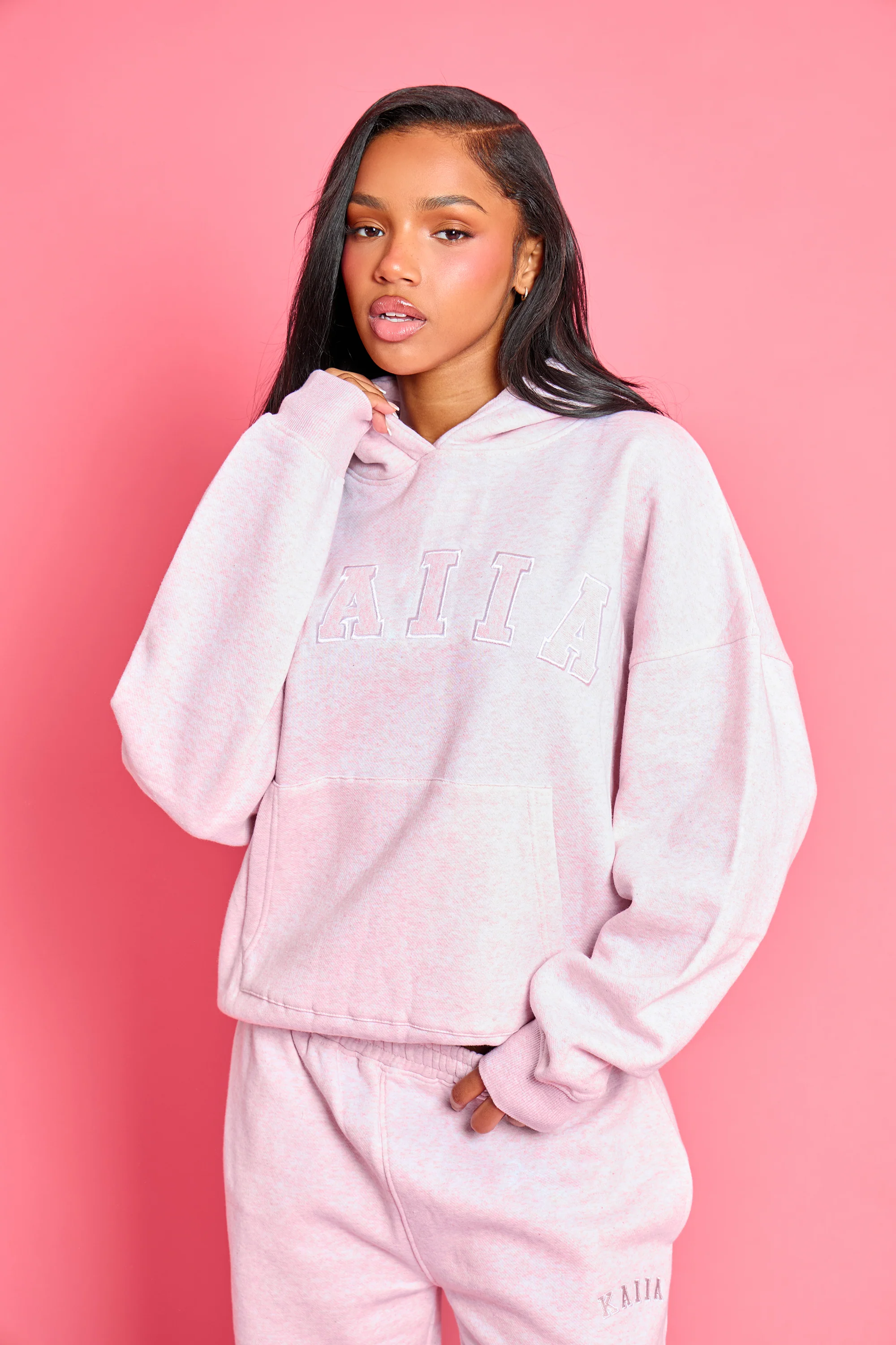 Kaiia Slogan Oversized Hoodie Baby Pink Marl - Image 5