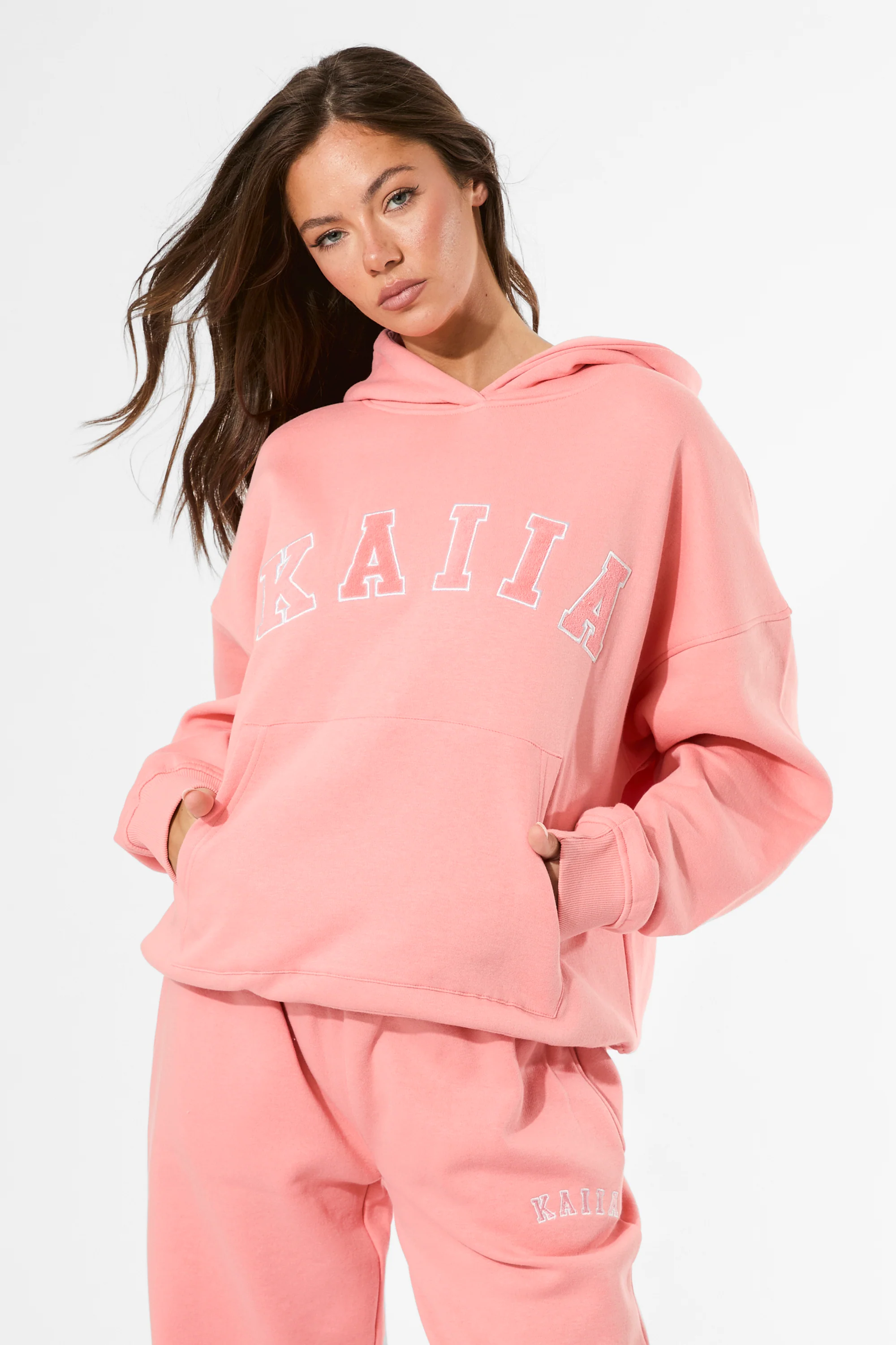 Kaiia Slogan Oversized Hoodie Bright Coral - Image 5
