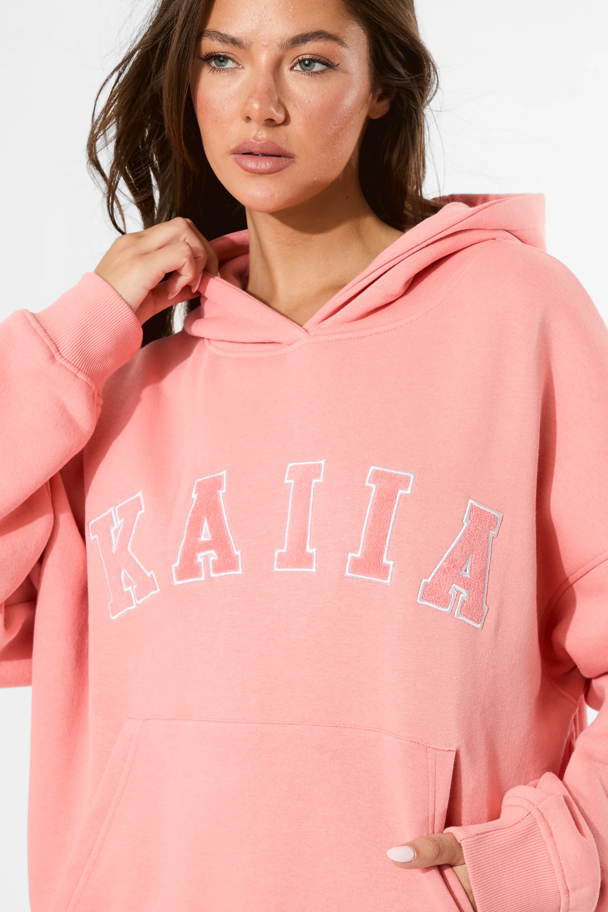Kaiia Slogan Oversized Hoodie Bright Coral - Image 6