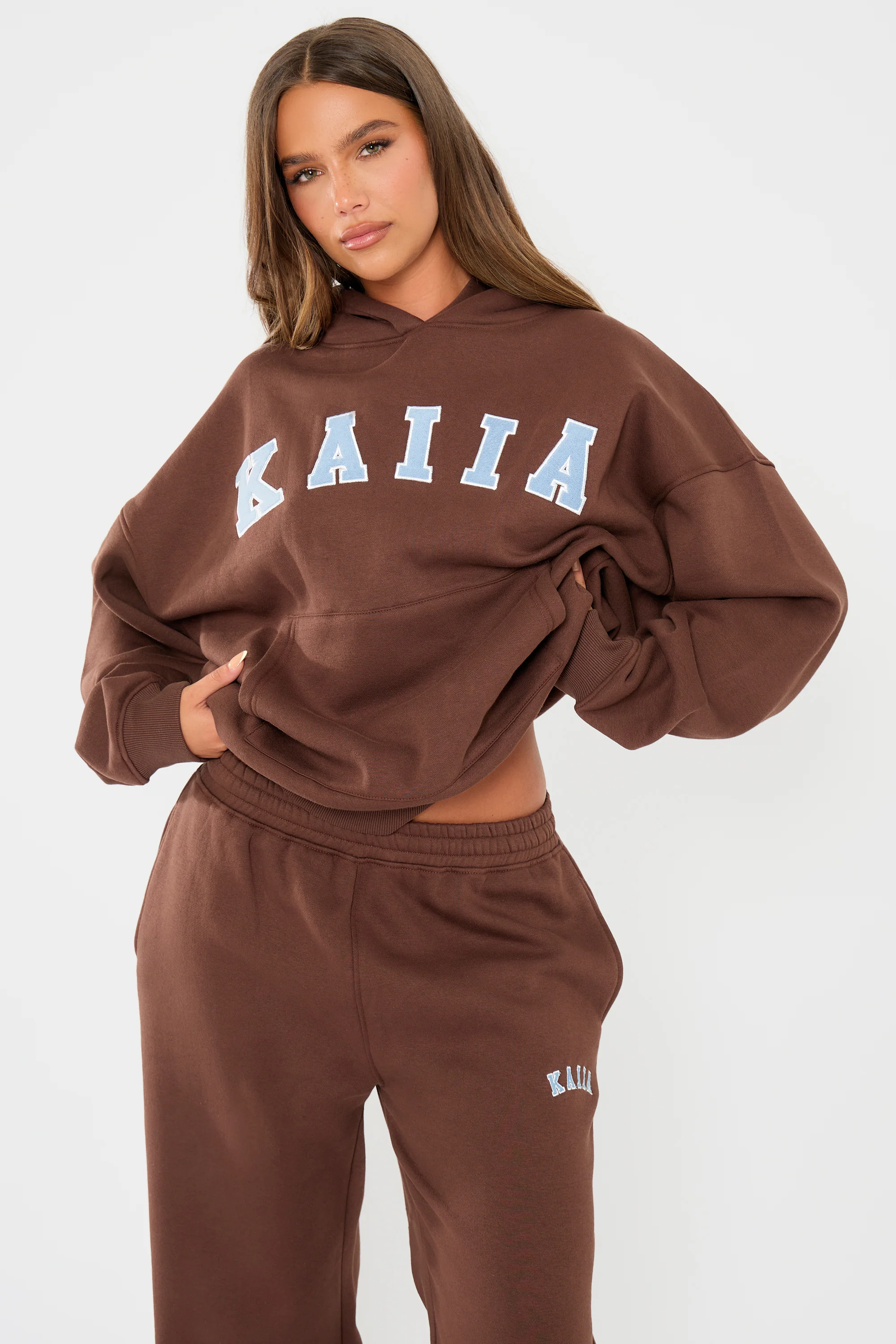 Kaiia Slogan Oversized Hoodie Brown & Light Blue - Image 5