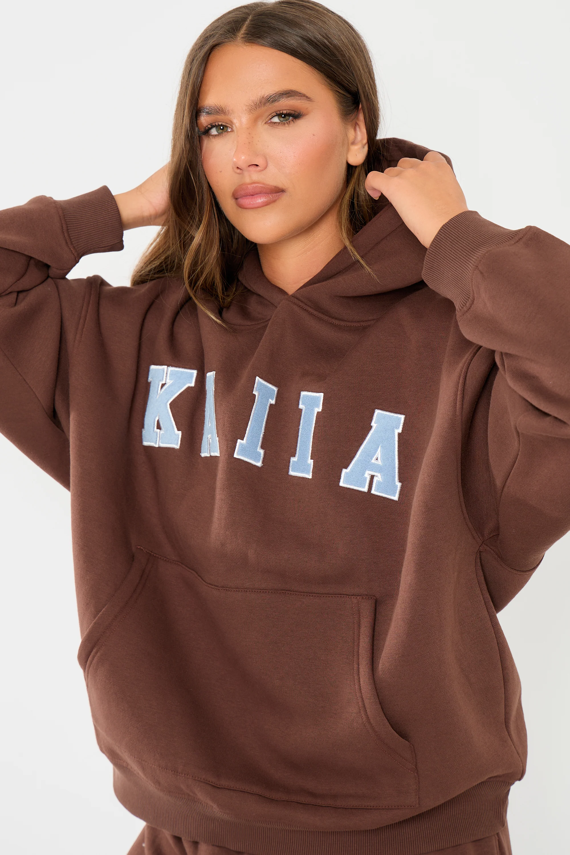 Kaiia Slogan Oversized Hoodie Brown & Light Blue - Image 6
