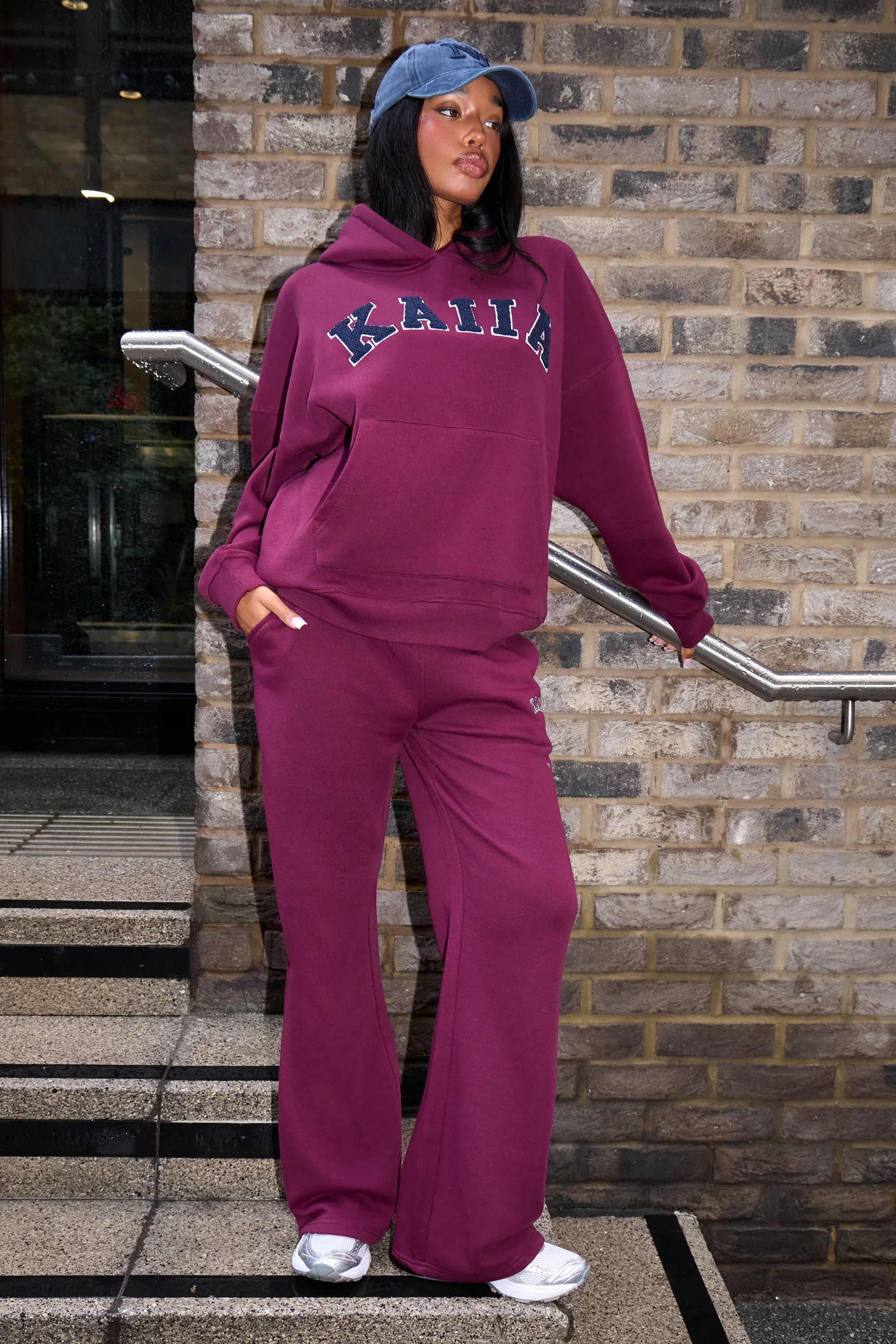 Kaiia Borg Slogan Oversized Hoodie Burgundy & Navy - Image 2