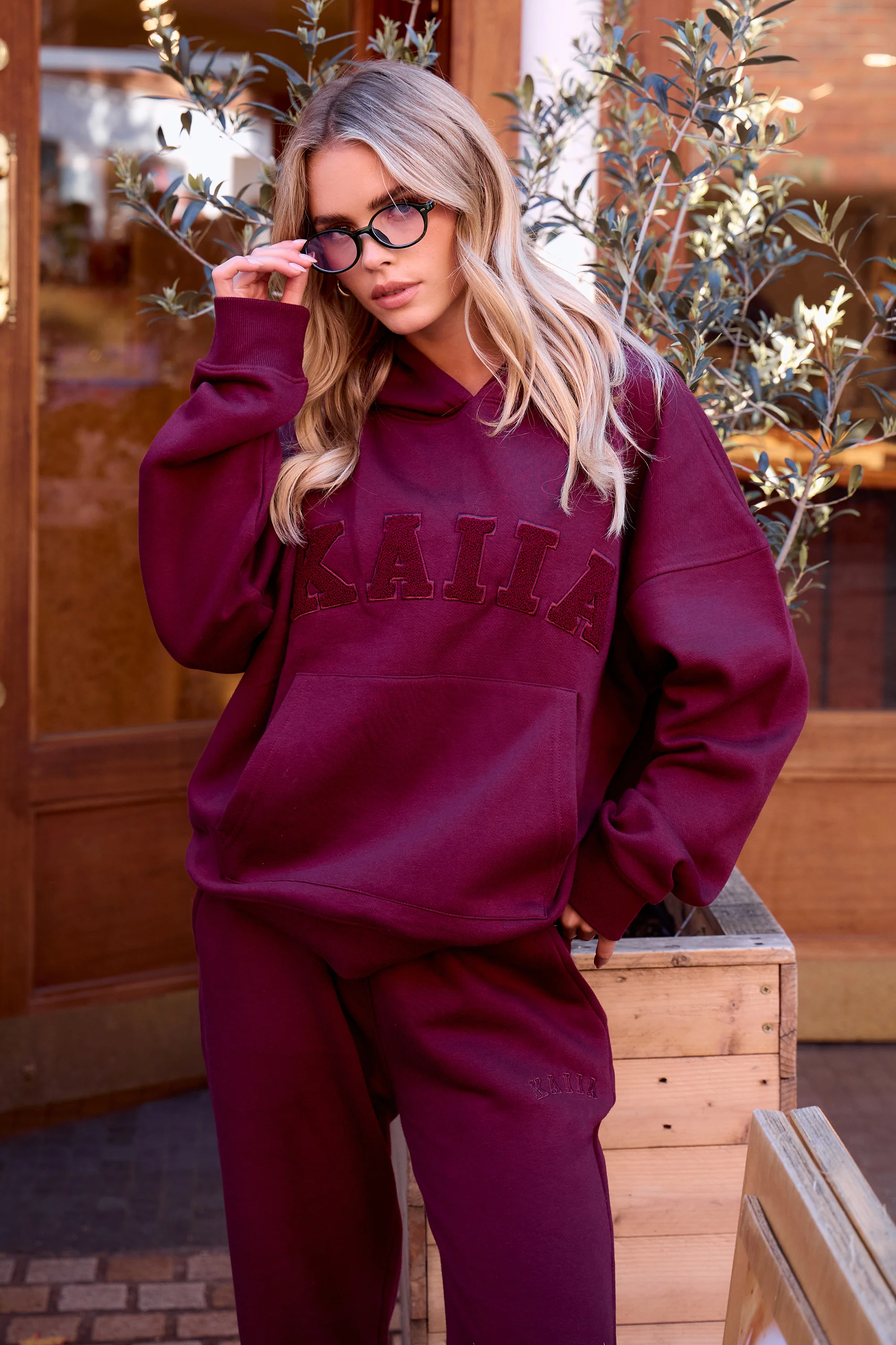 Kaiia Slogan Oversized Hoodie Deep Burgundy - Image 5