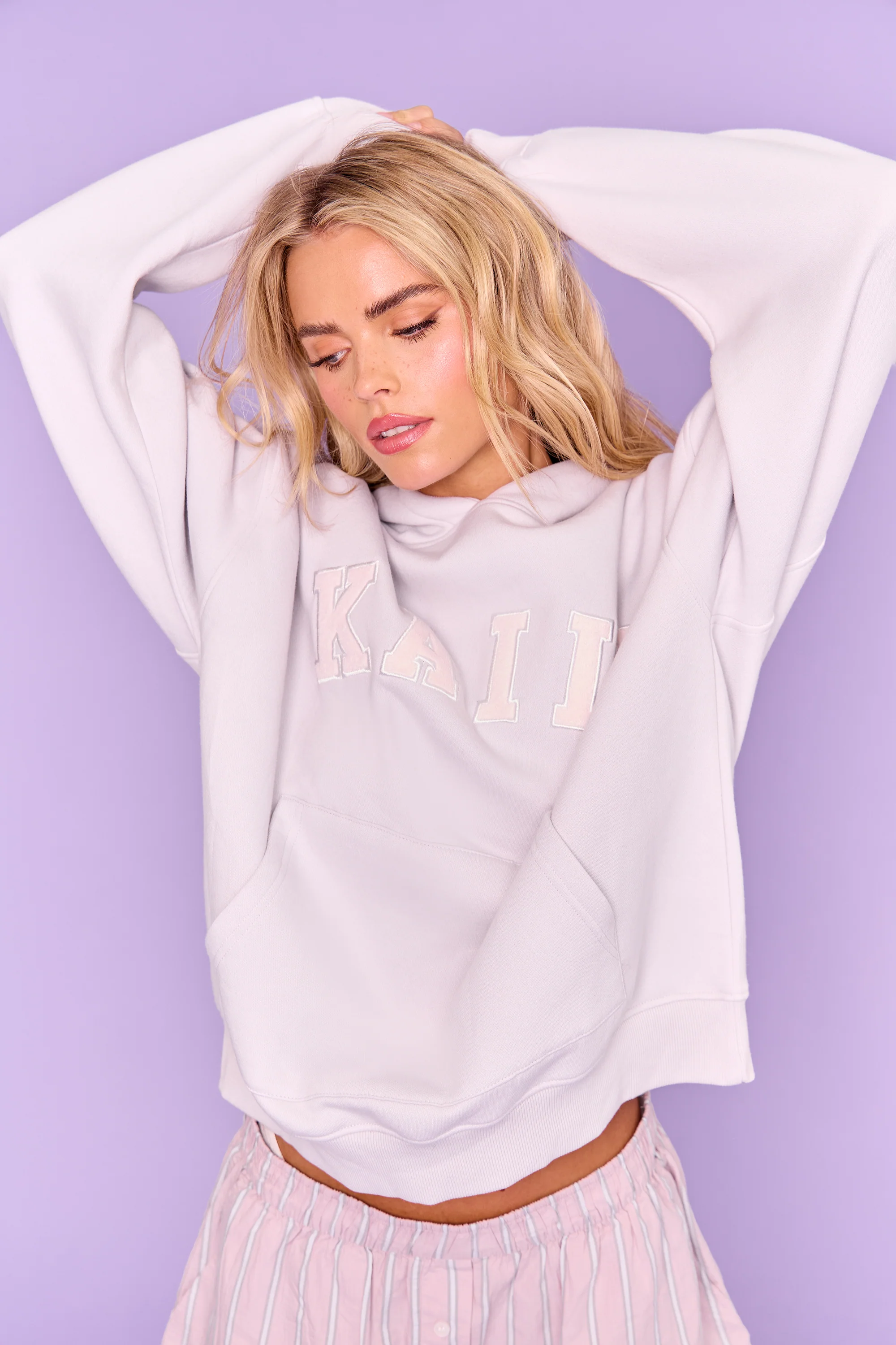 Kaiia Slogan Oversized Hoodie Grey Lilac - Image 5