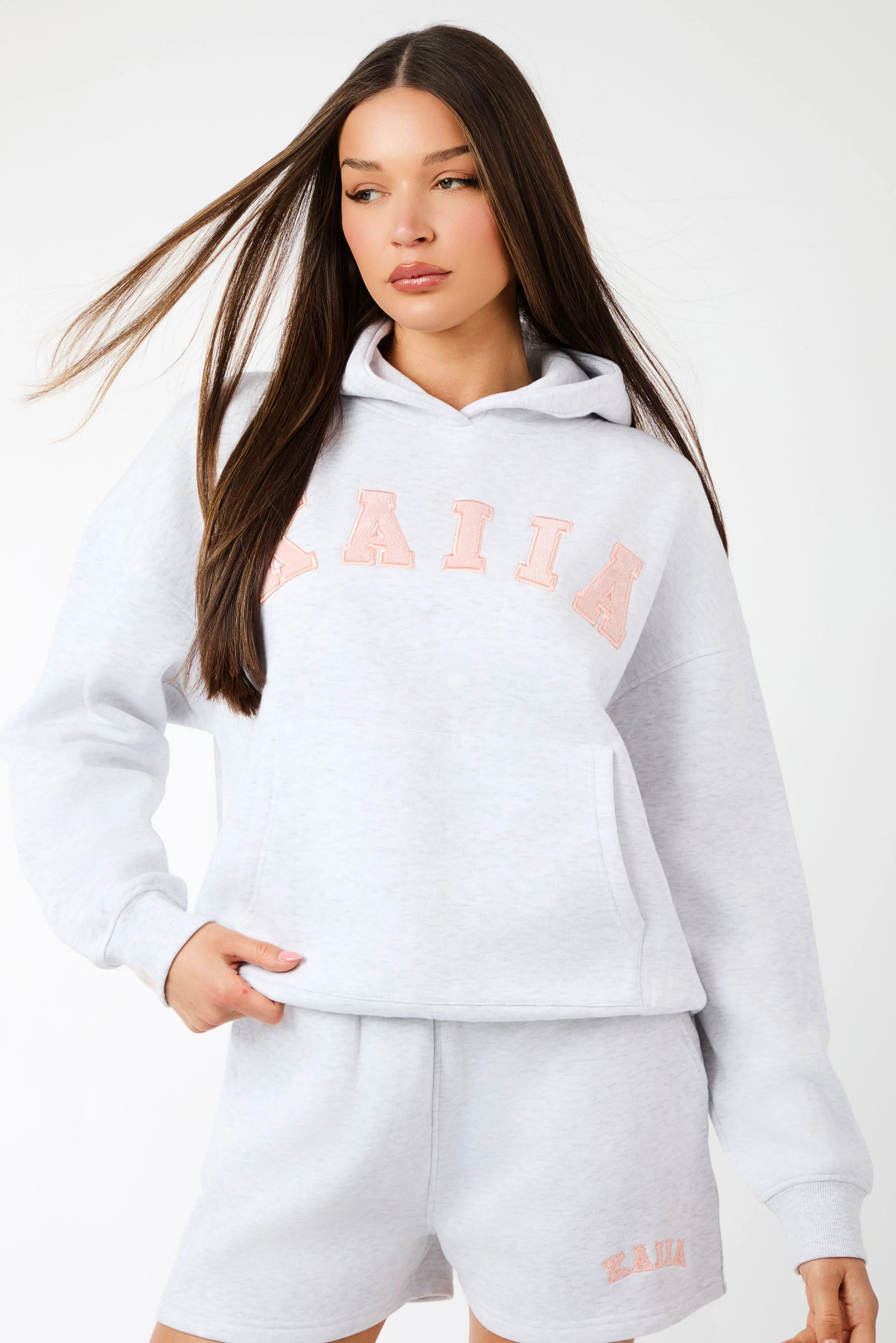 Kaiia Slogan Oversized Hoodie Light Grey Marl & Dusty Pink - Image 5