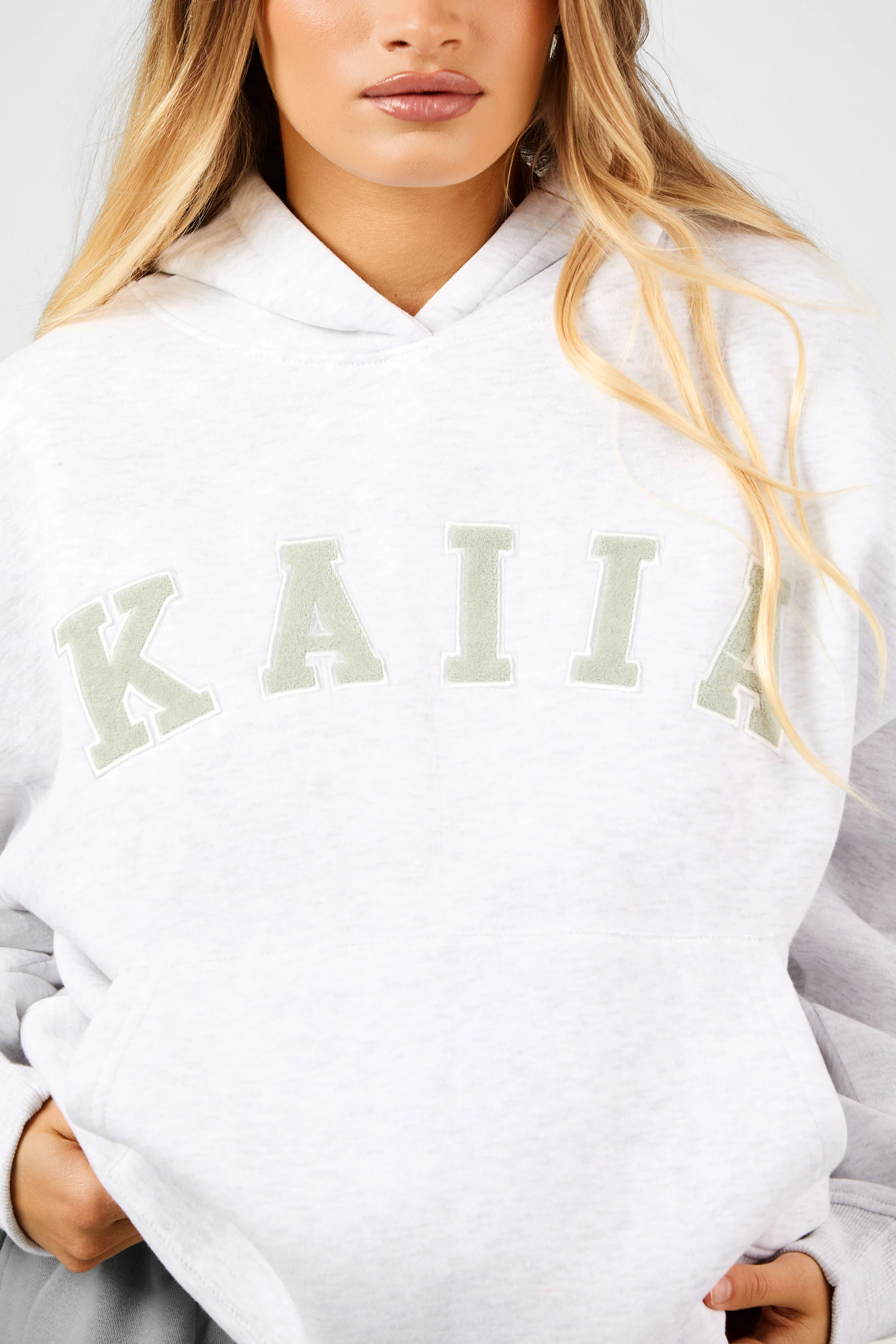 Kaiia Slogan Oversized Hoodie Light Grey Marl & Sage - Image 3