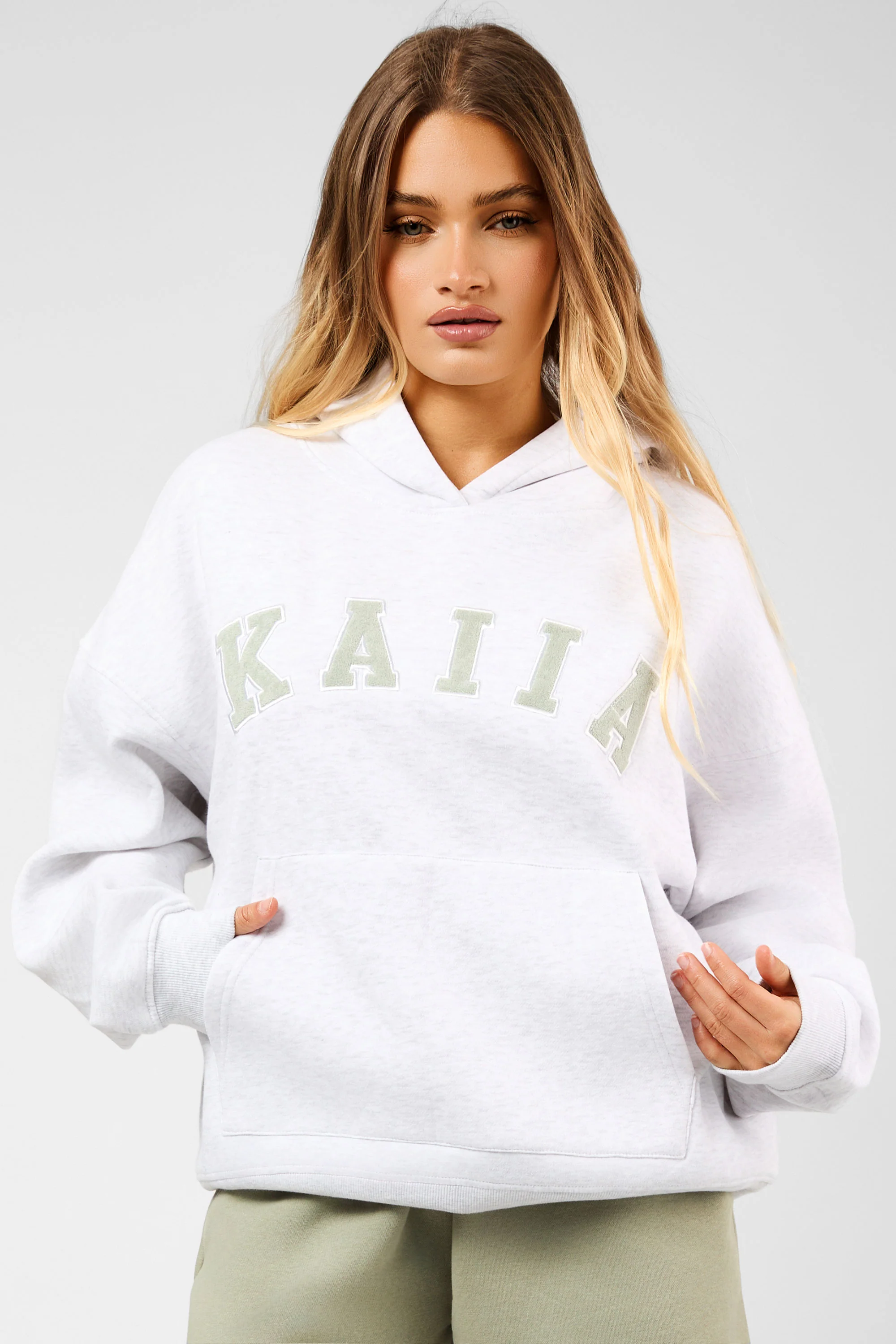 Kaiia Slogan Oversized Hoodie Light Grey Marl & Sage - Image 4