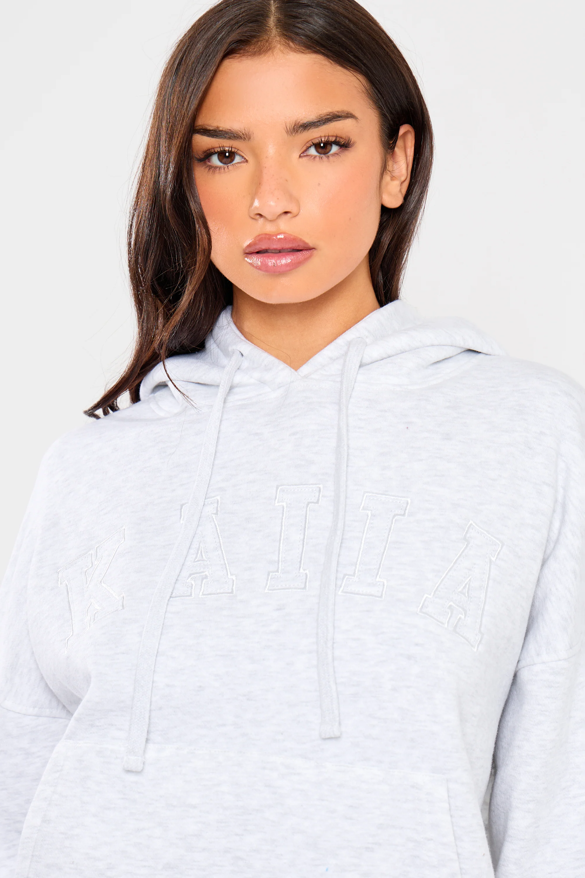 Kaiia Slogan Oversized Hoodie Light Grey Marl - Image 3