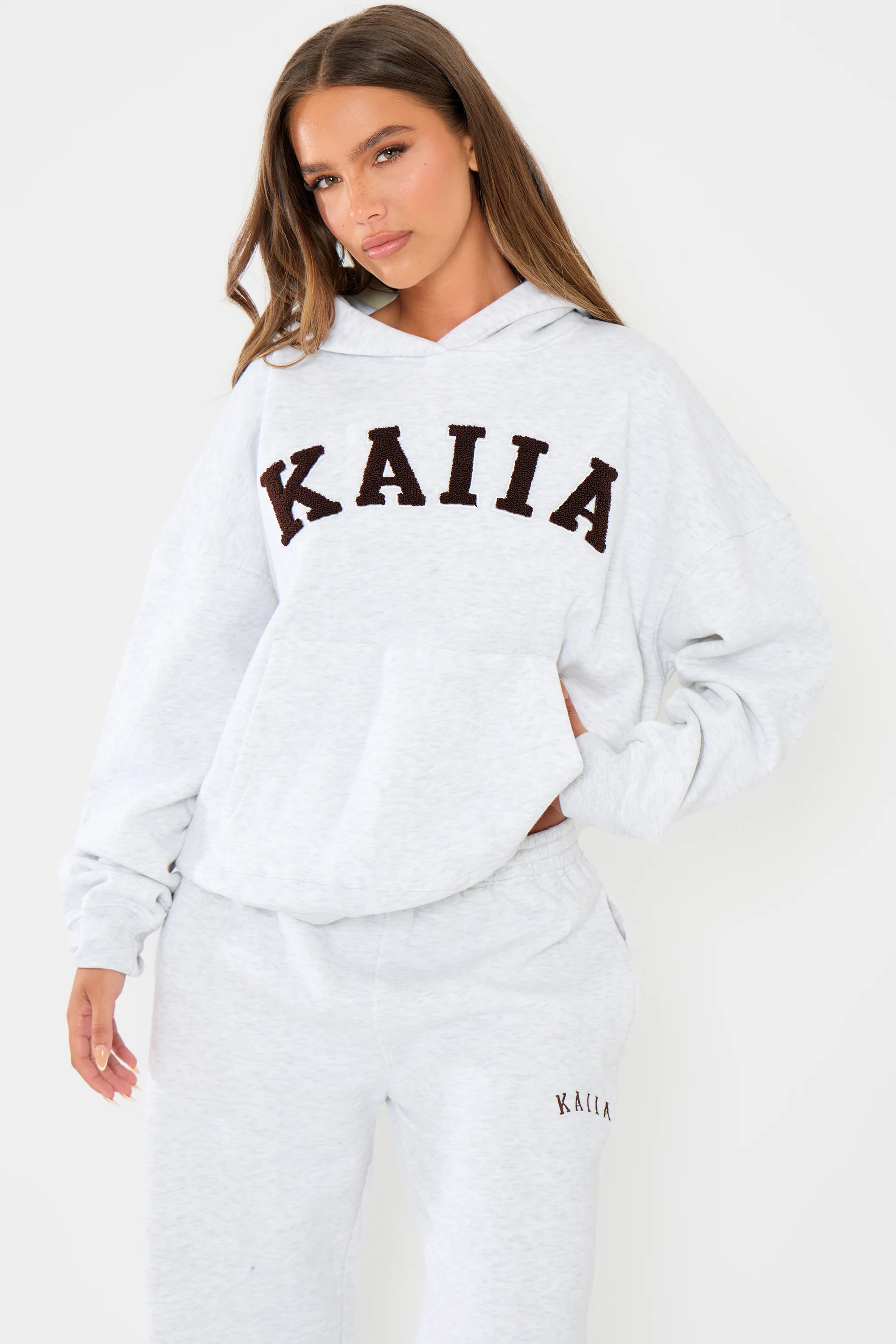 Kaiia Slogan Oversized Hoodie Light Grey Marl & Dark Brown