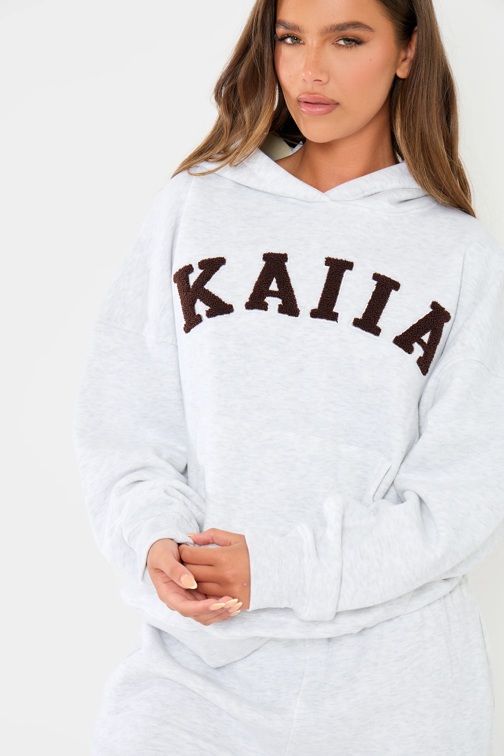 Kaiia Slogan Oversized Hoodie Light Grey Marl & Dark Brown - Image 3