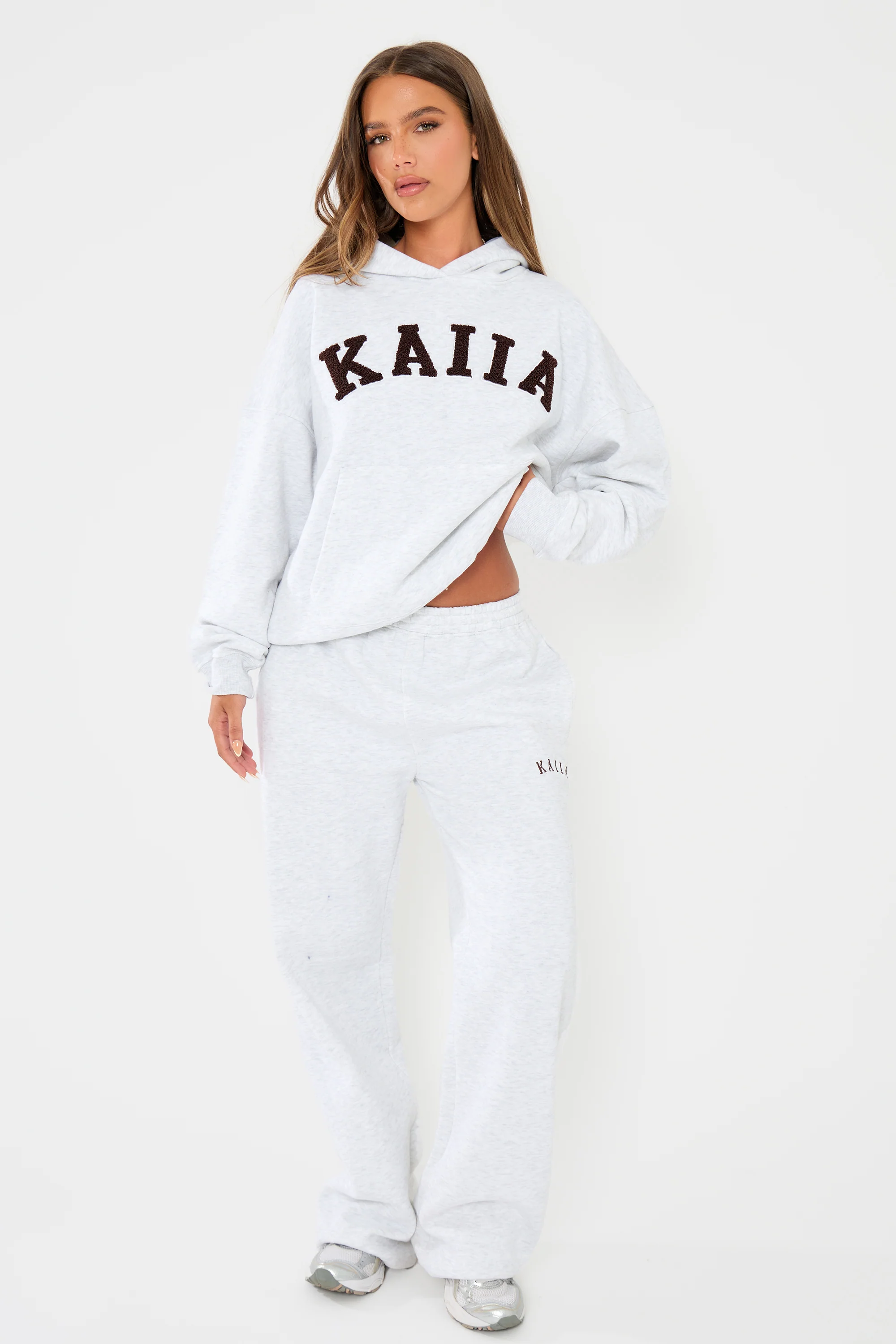 Kaiia Slogan Oversized Hoodie Light Grey Marl & Dark Brown - Image 4