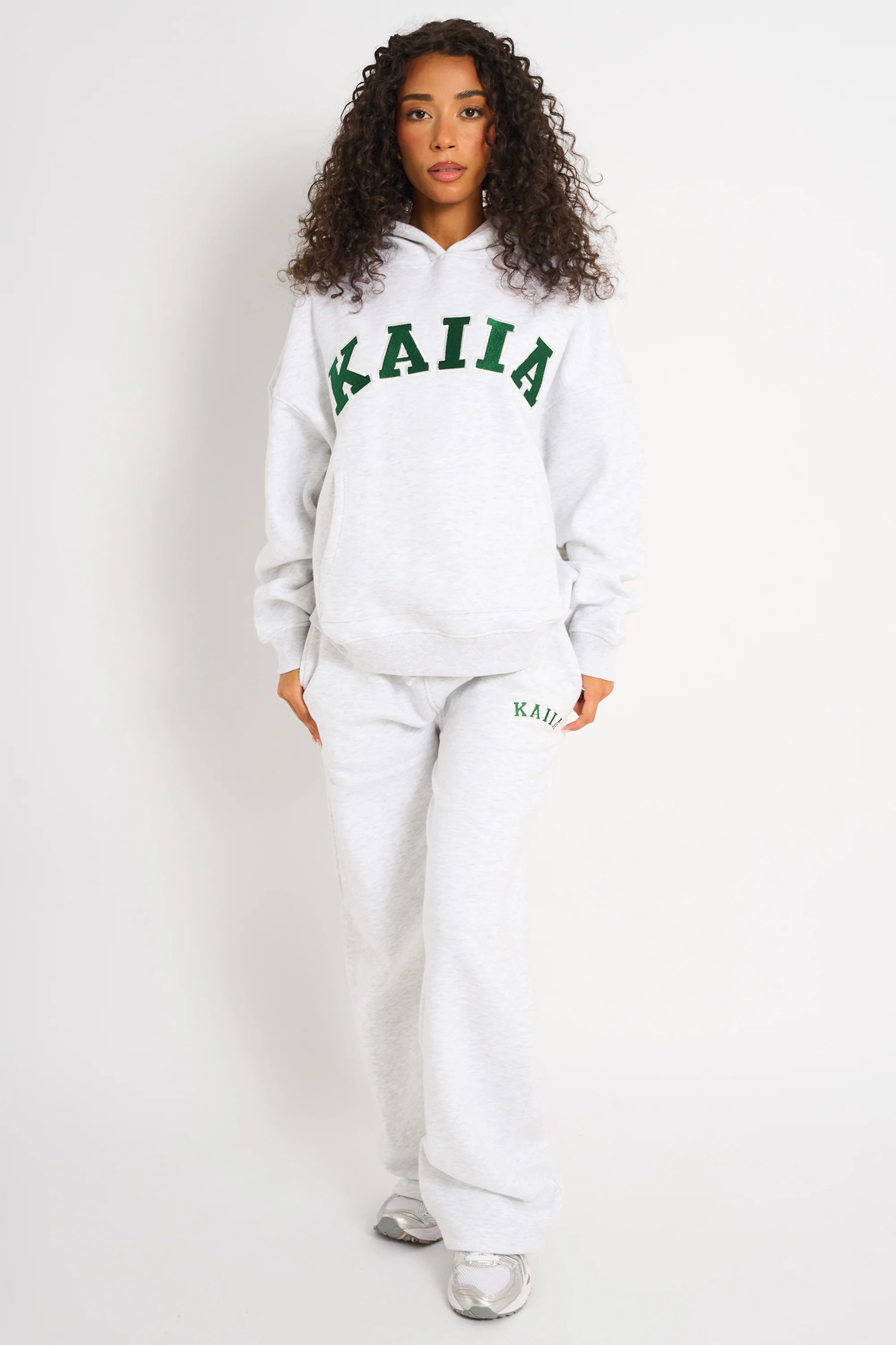 Kaiia Slogan Oversized Hoodie Light Grey Marl & Forest Green - Image 3